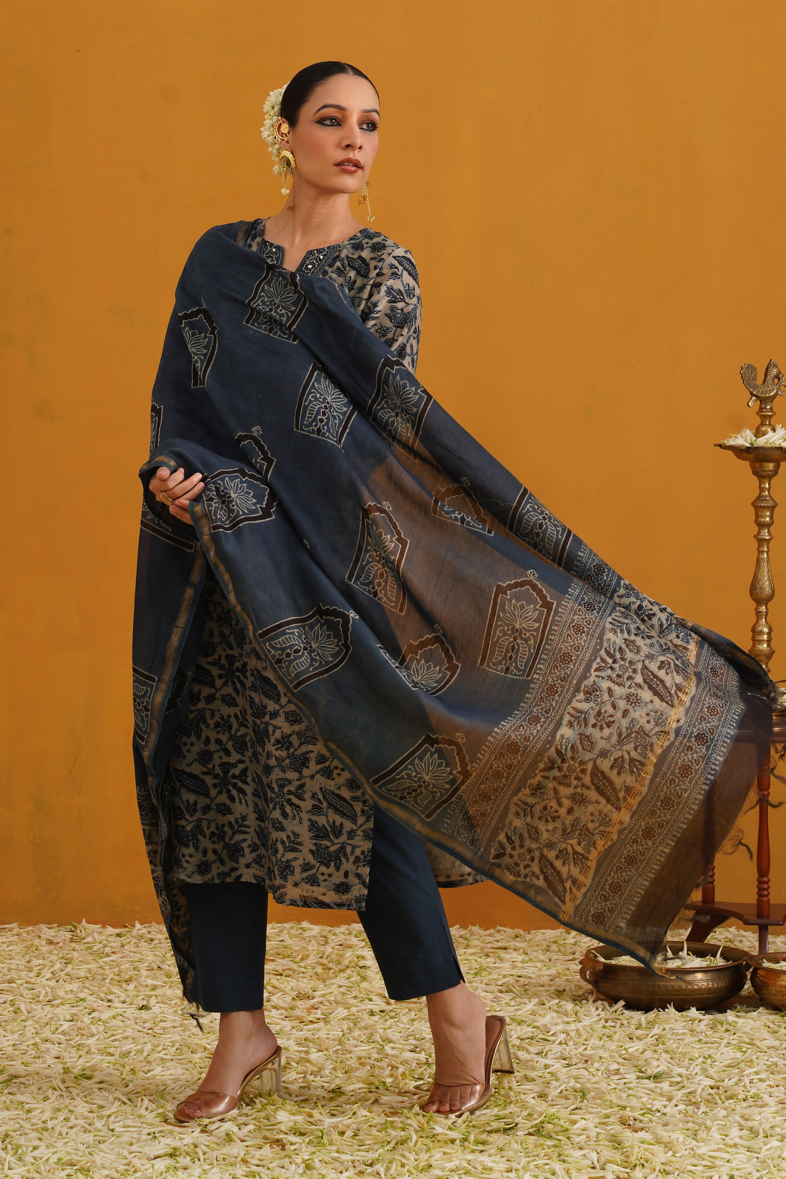 Blue Shirley Kalamkari Embroidered Chanderi Kurta Set of 3