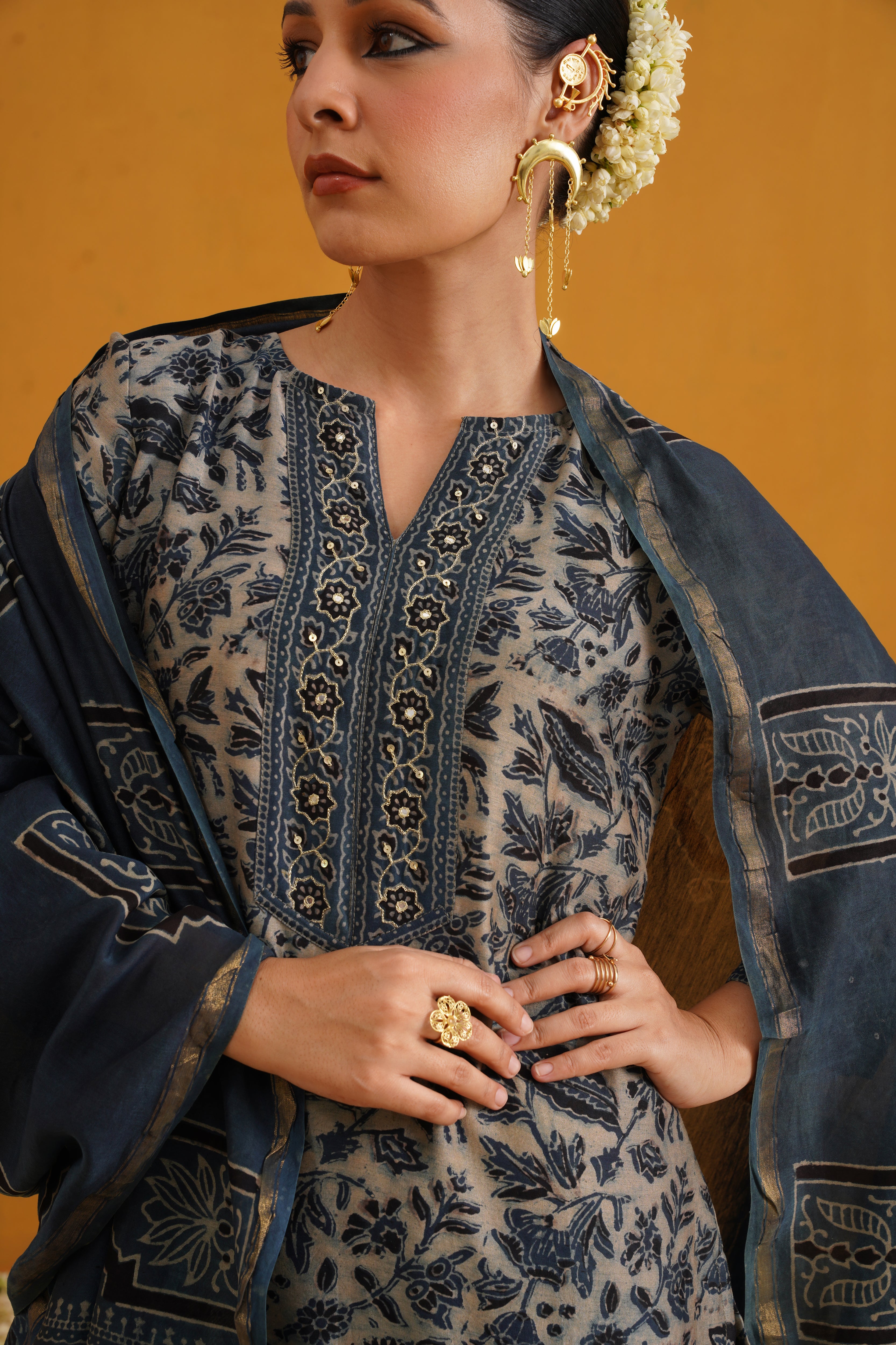 Blue Shirley Kalamkari Embroidered Chanderi Kurta Set of 3