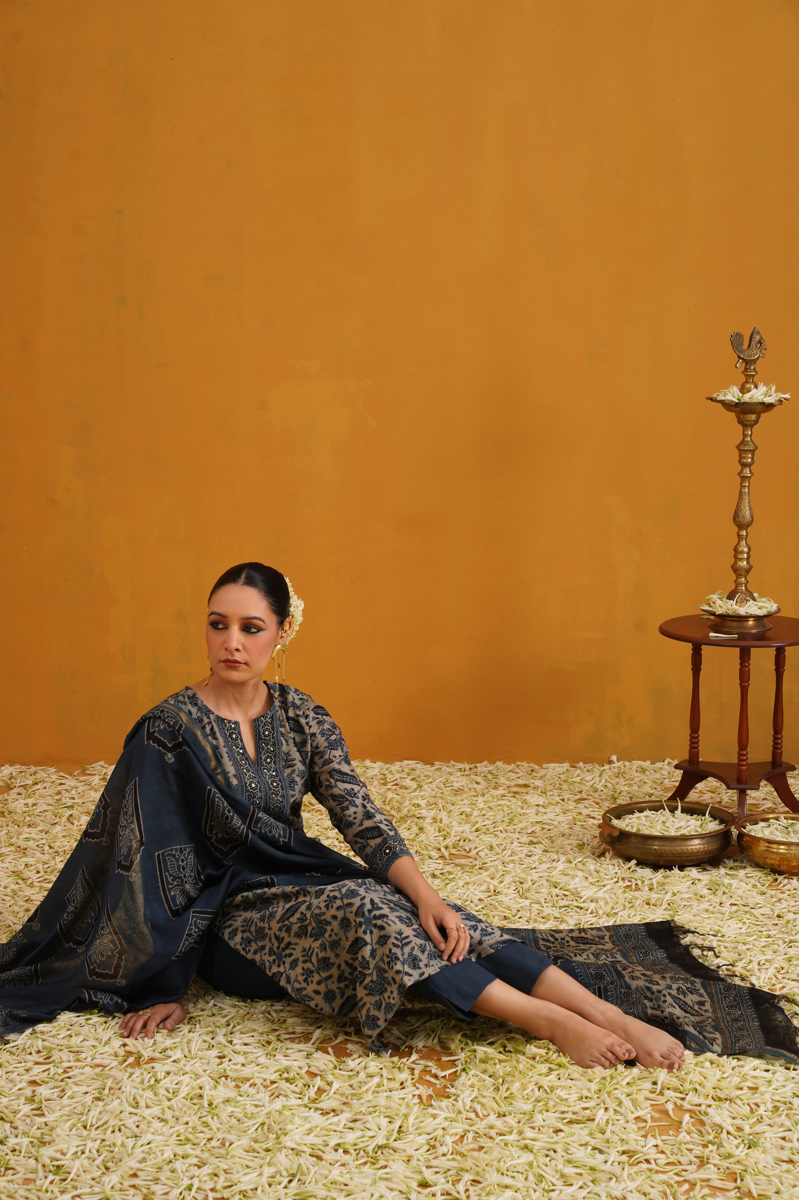 Blue Shirley Kalamkari Embroidered Chanderi Kurta Set of 3