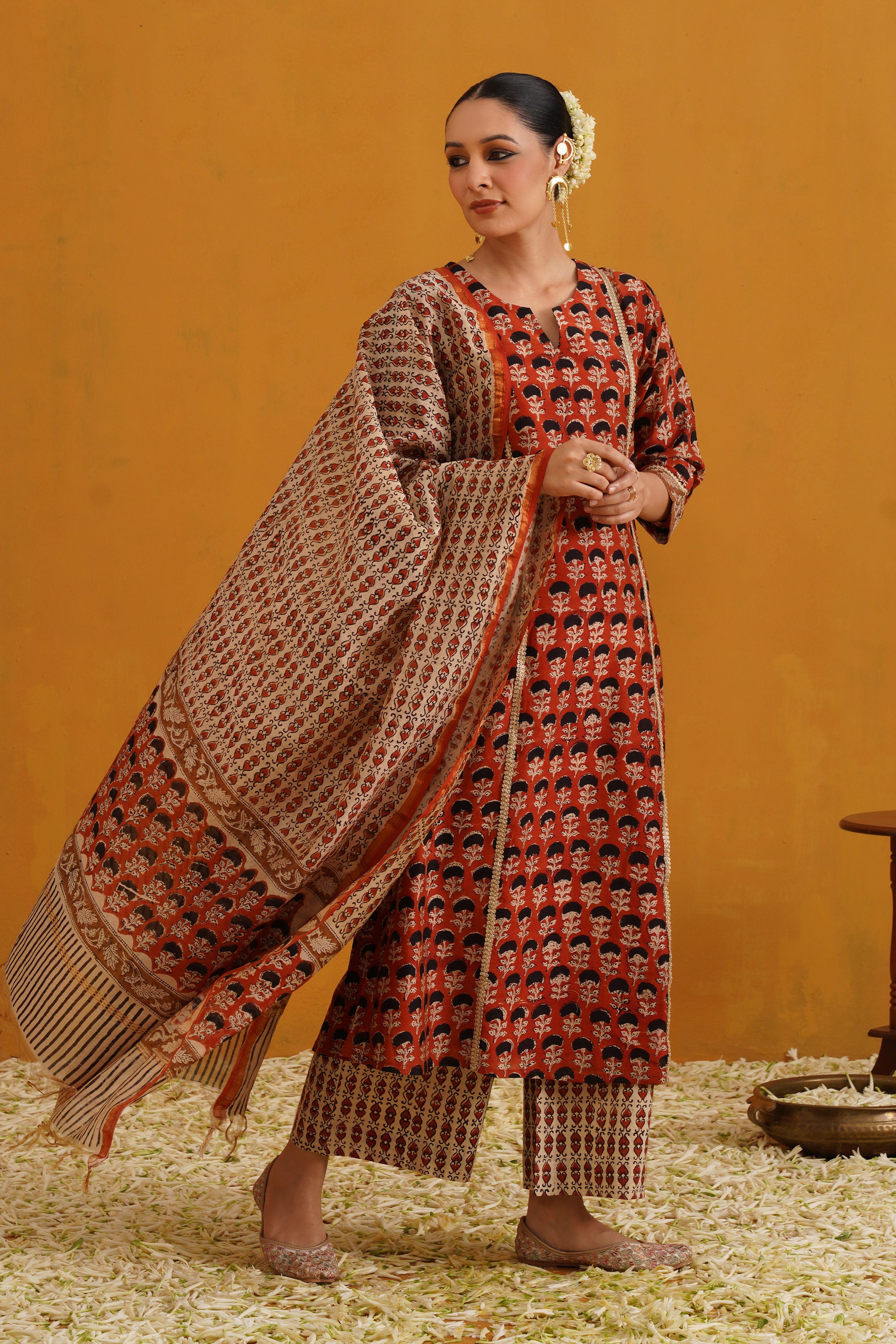 Brick Red Kalamkari Chanderi Kurta Set of 3
