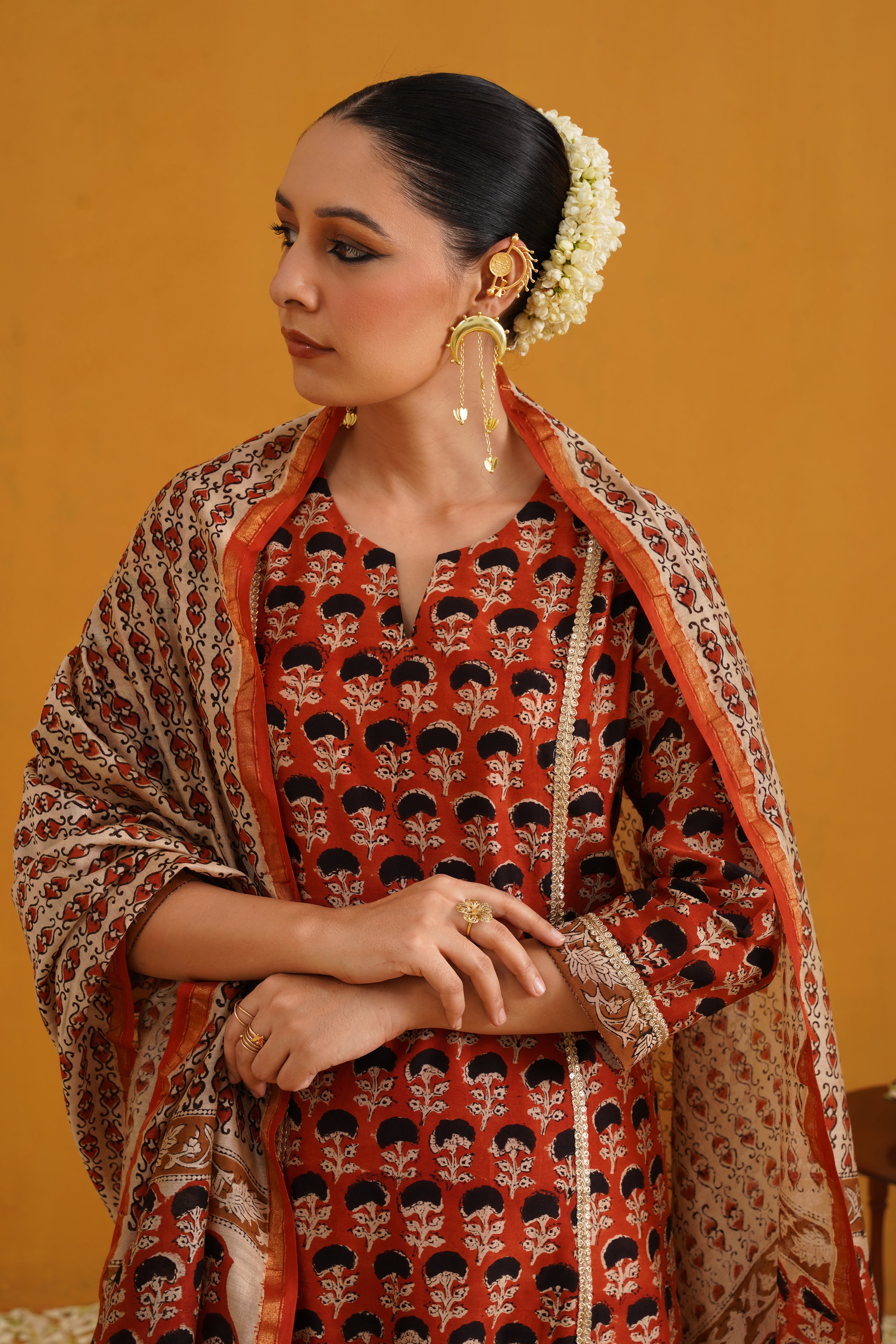 Brick Red Kalamkari Chanderi Kurta Set of 3