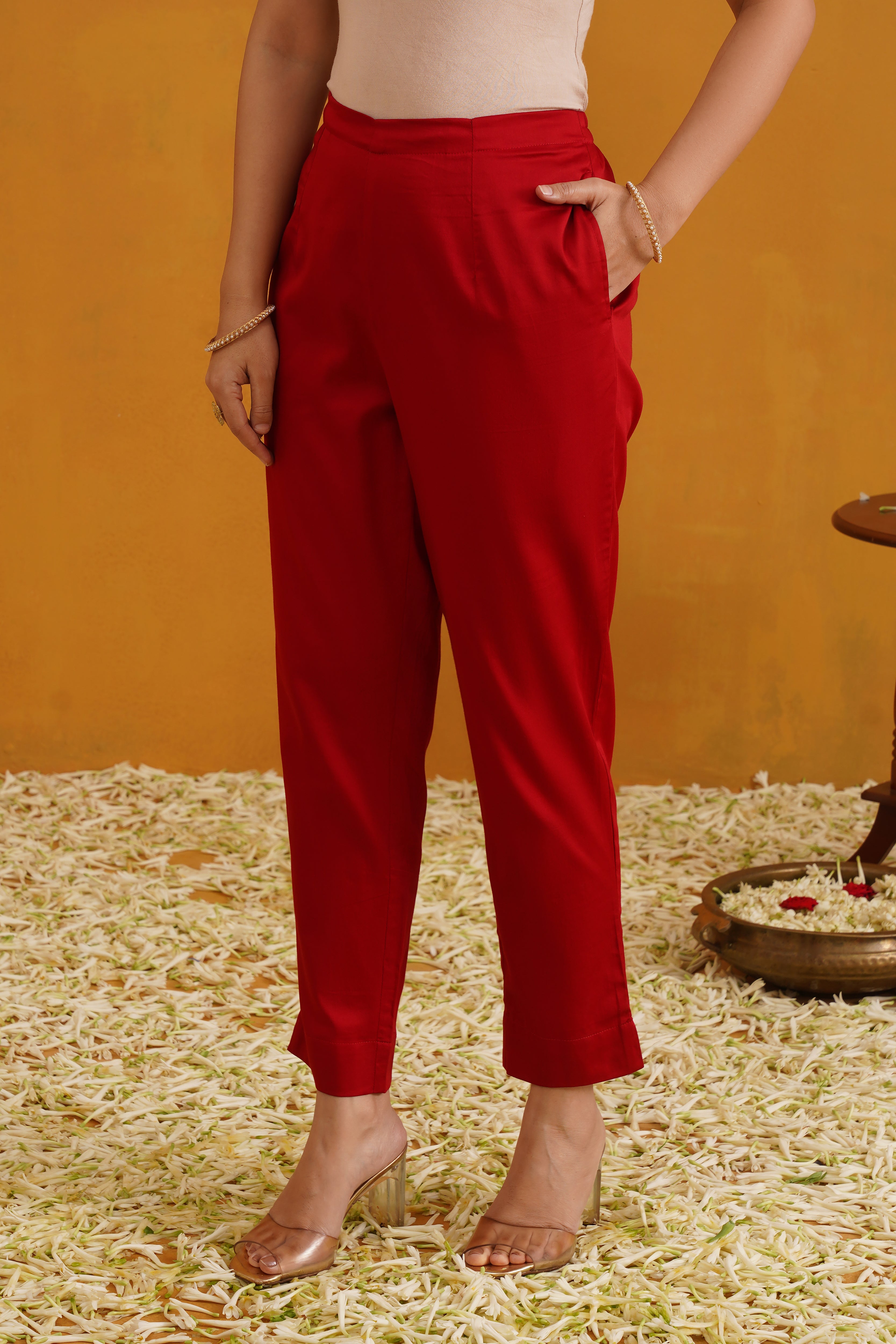 Red Vermilion Embroidered Banarasi Kurta Set of 3