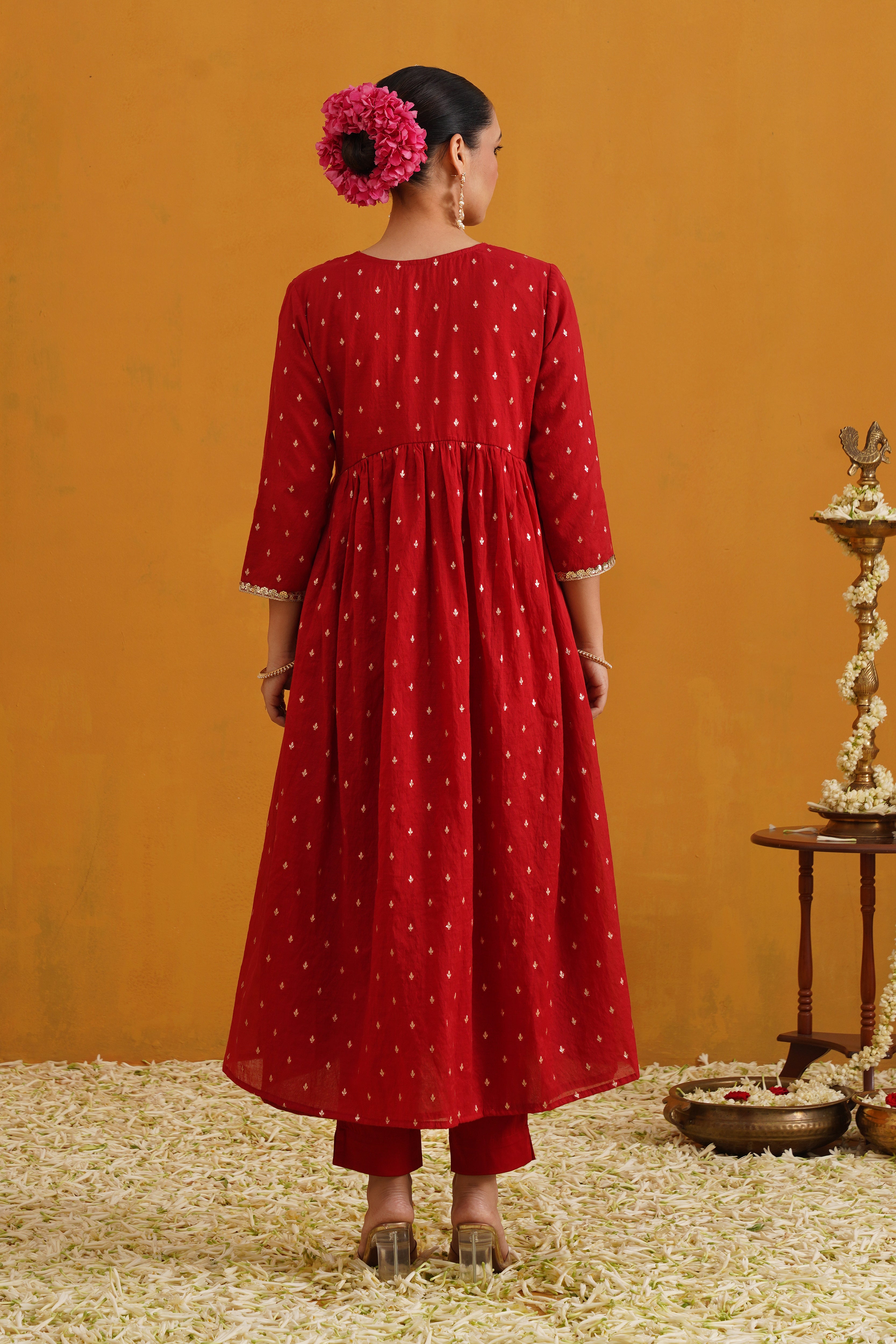 Red Vermilion Embroidered Banarasi Kurta Set of 3
