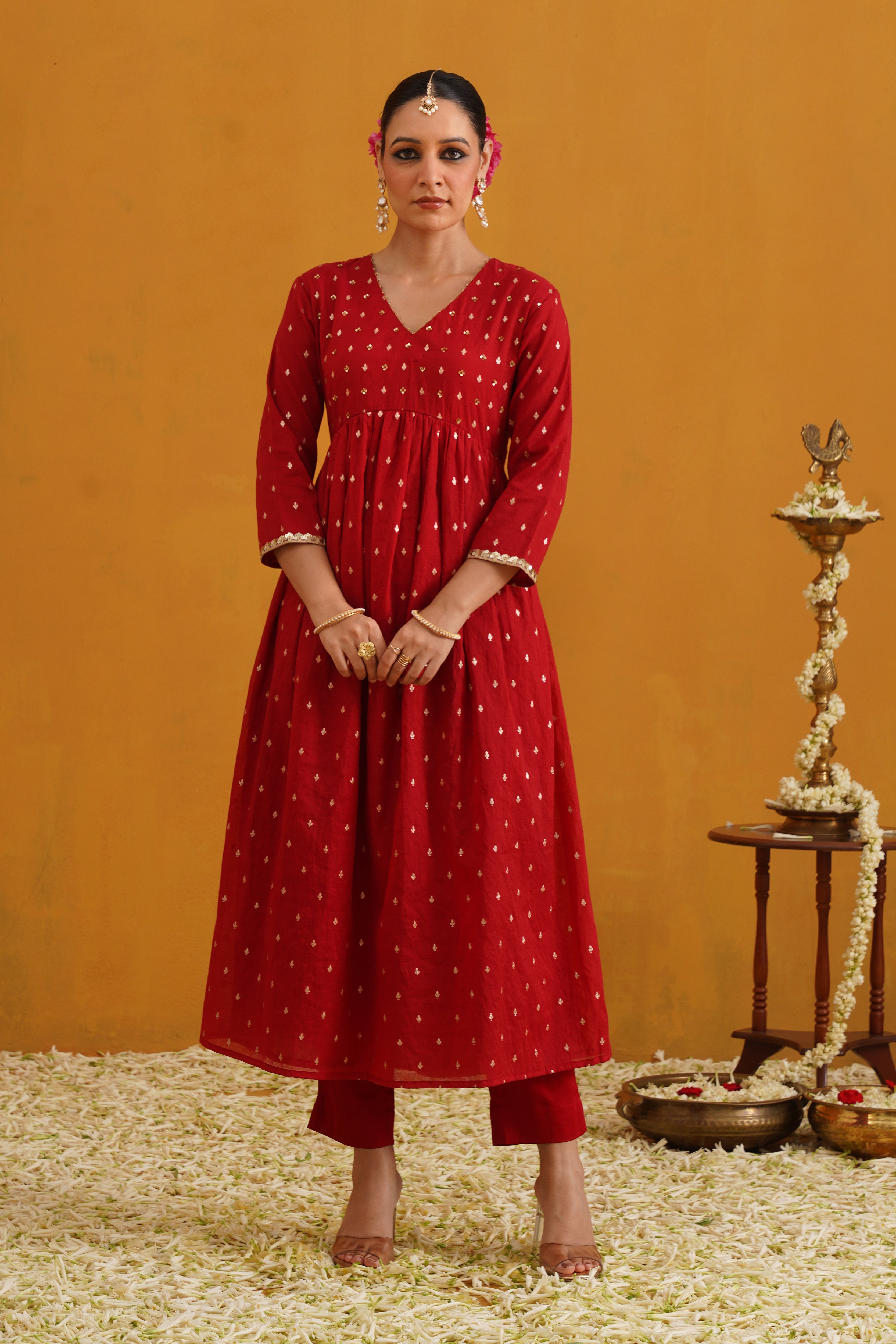 Red Vermilion Embroidered Banarasi Kurta Set of 3
