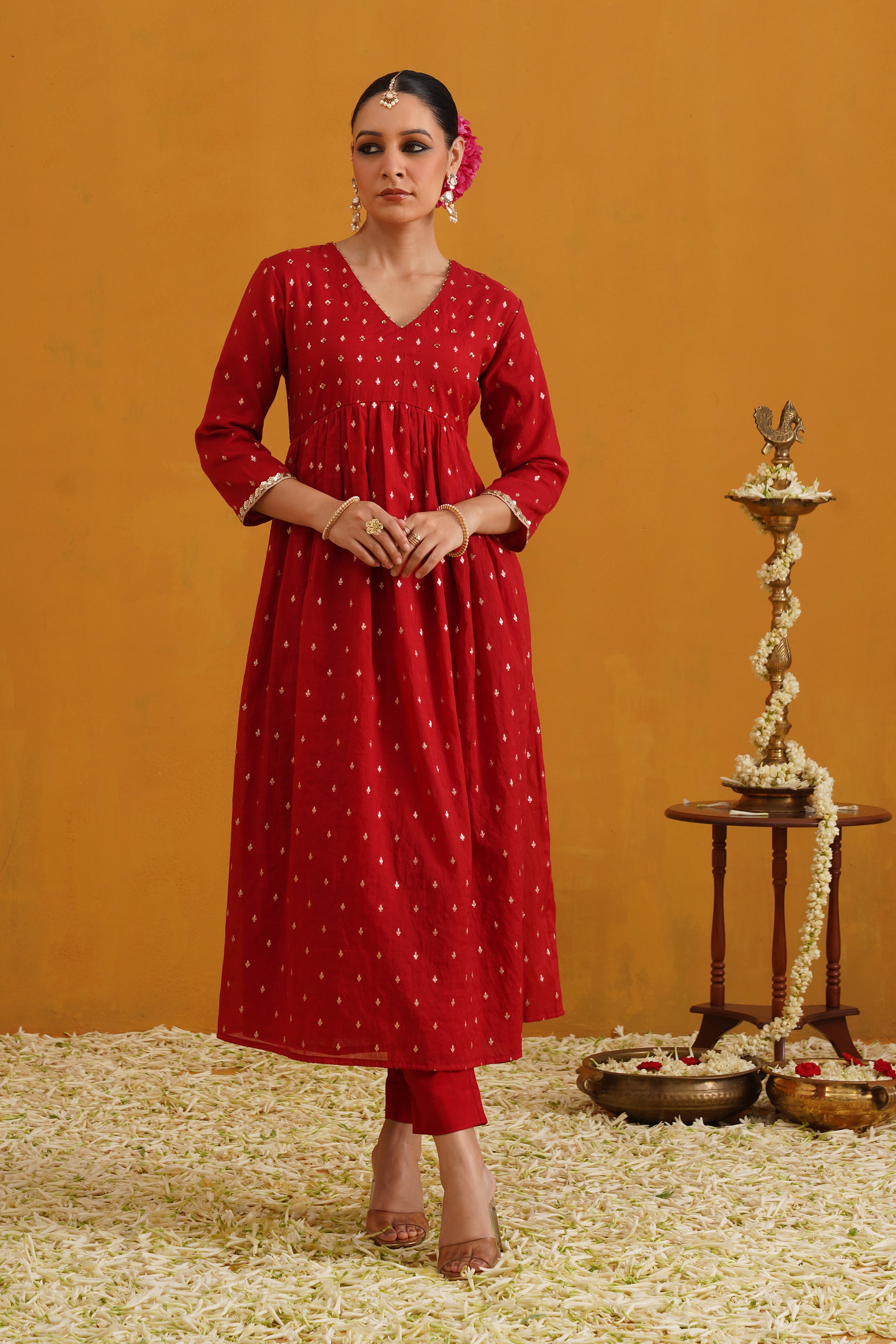 Red Vermilion Embroidered Banarasi Kurta Set of 3