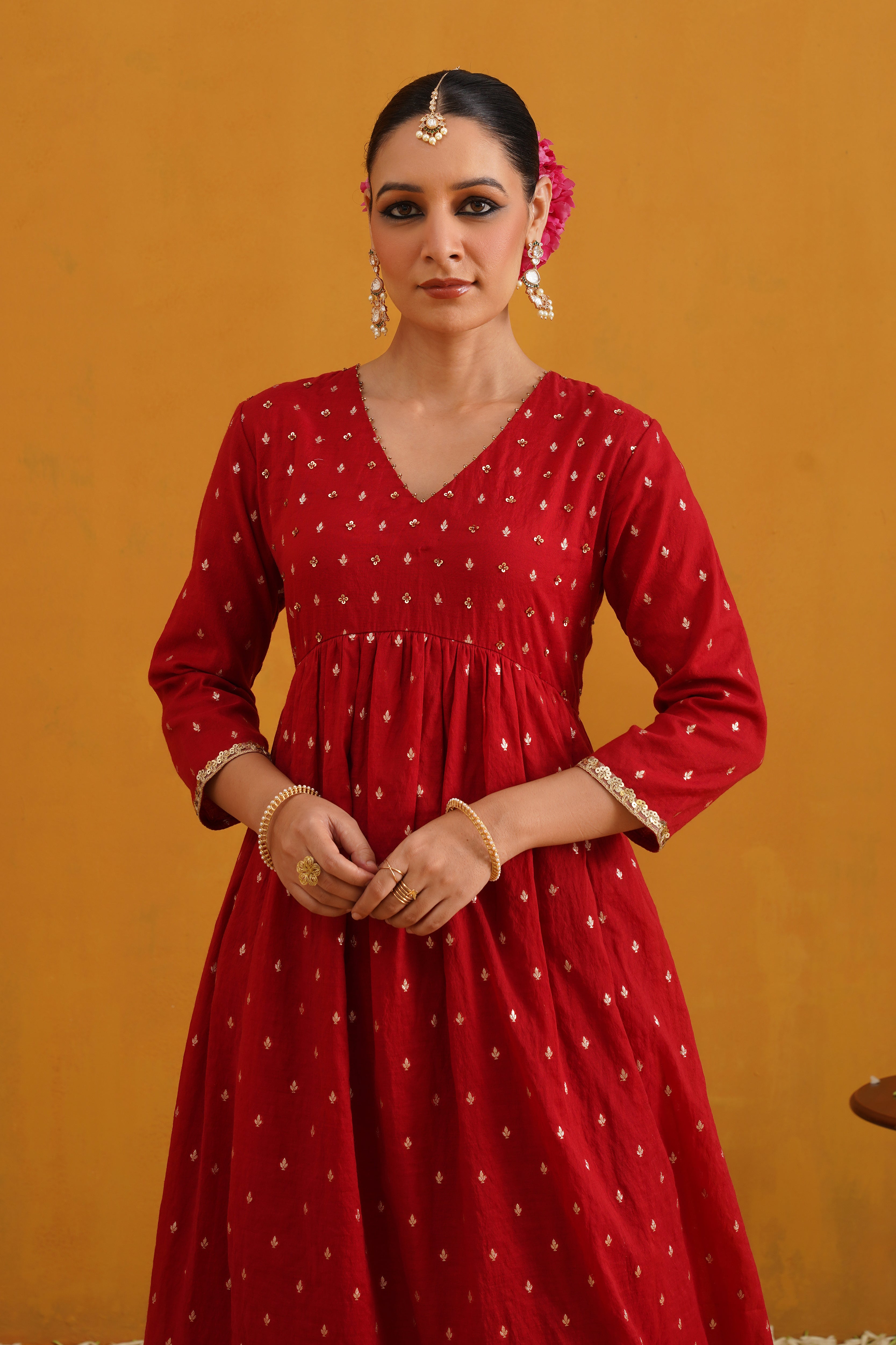Red Vermilion Embroidered Banarasi Kurta Set of 3