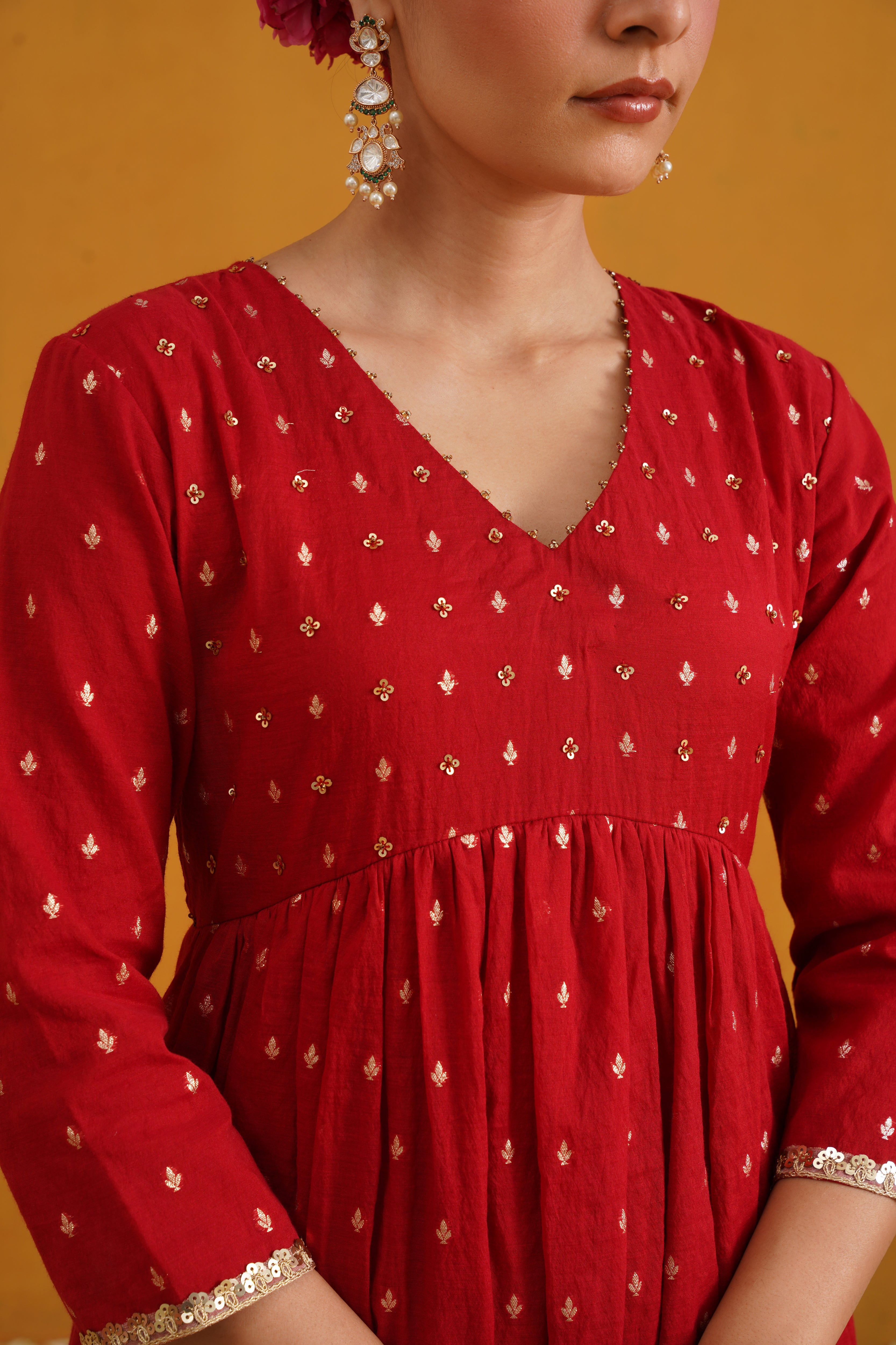 Red Vermilion Embroidered Banarasi Kurta Set of 3