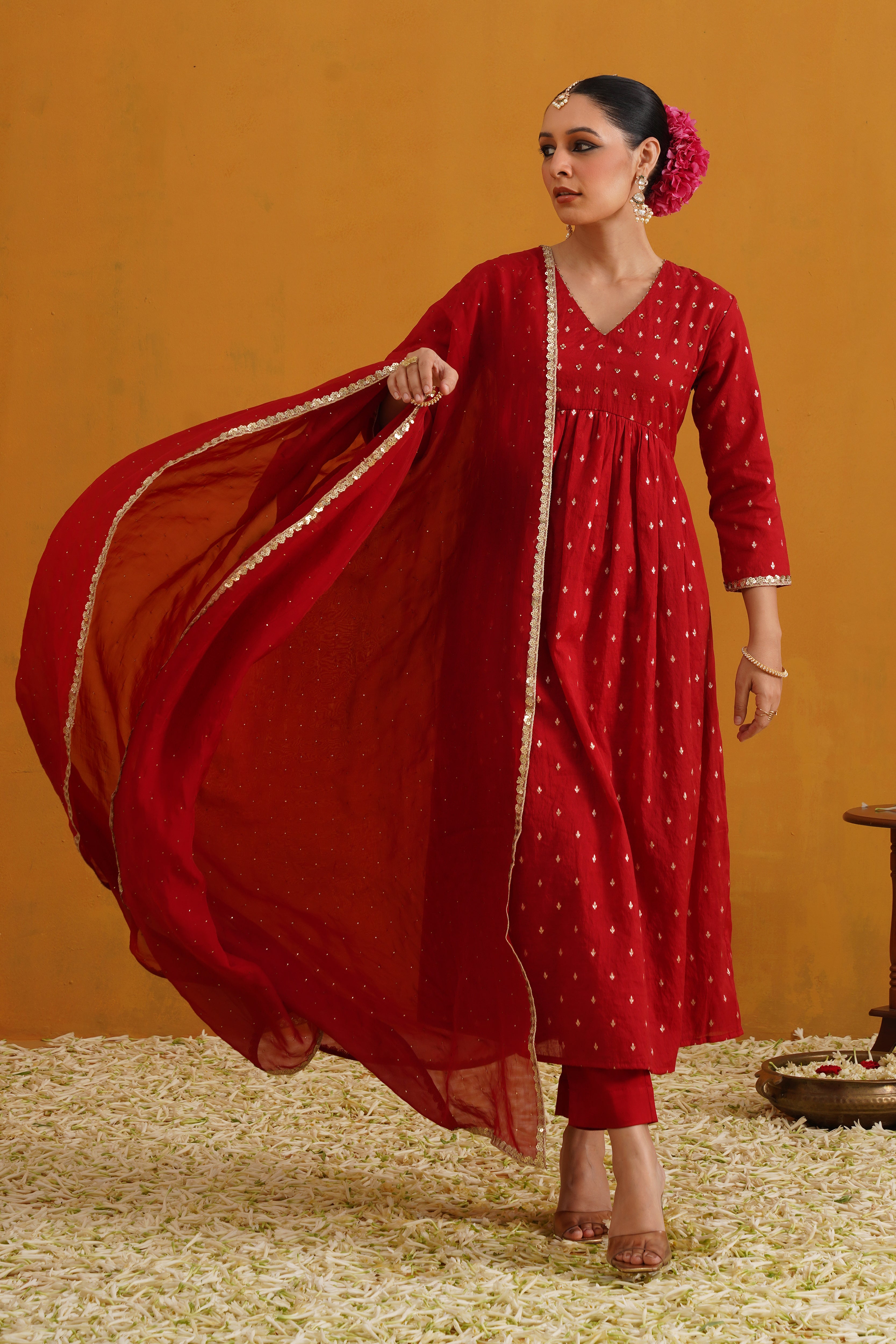 Red Vermilion Embroidered Banarasi Kurta Set of 3