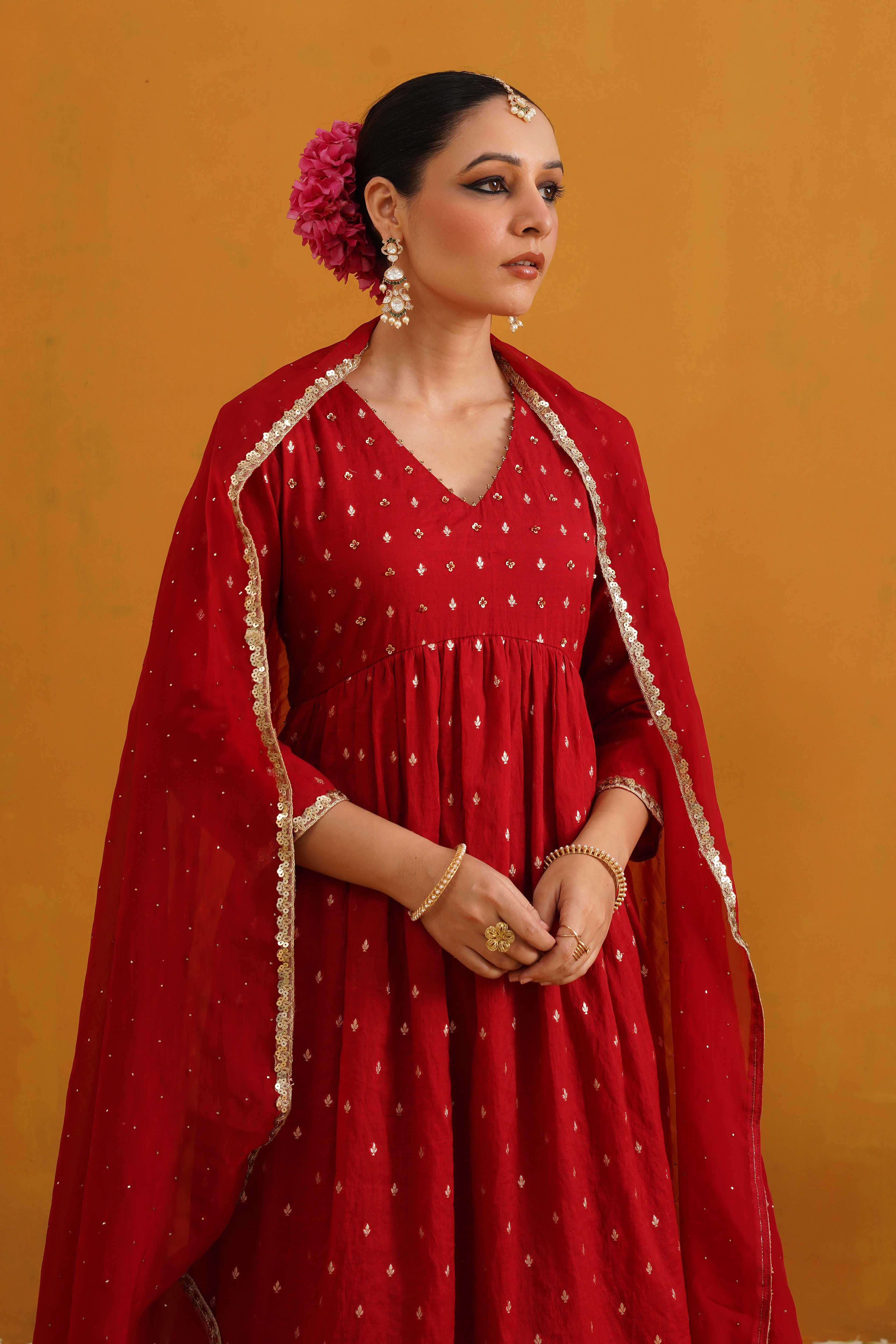 Red Vermilion Embroidered Banarasi Kurta Set of 3