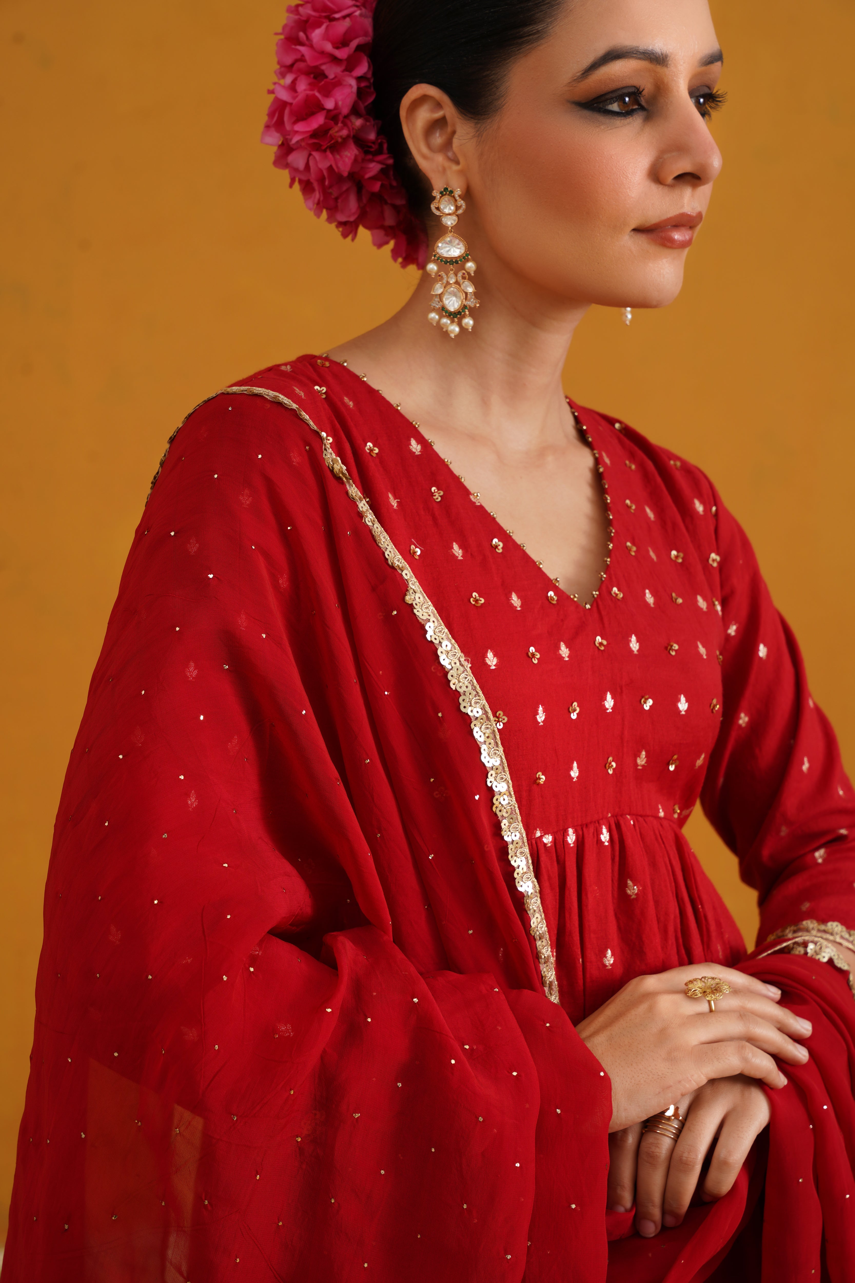 Red Vermilion Embroidered Banarasi Kurta Set of 3