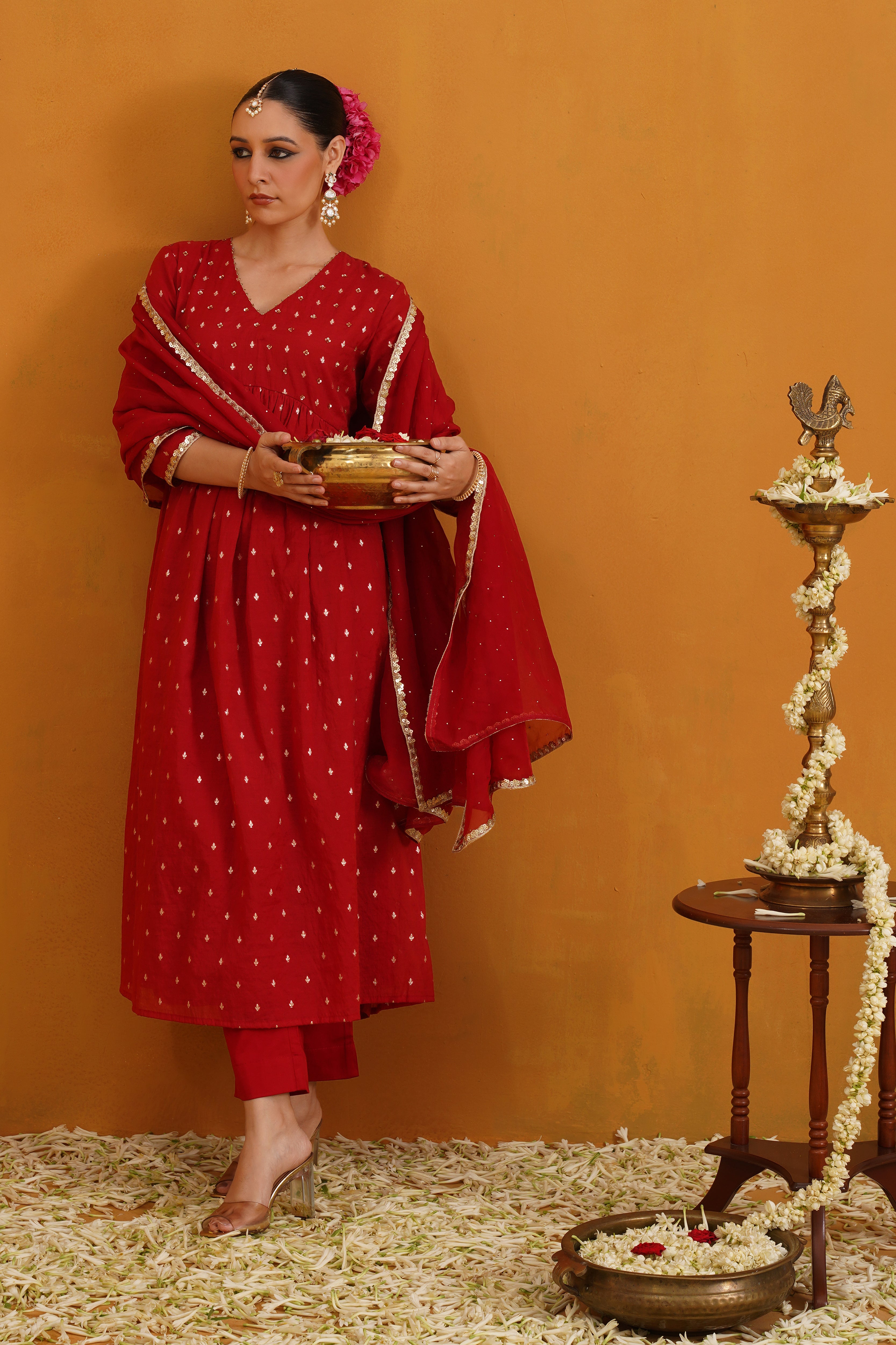 Red Vermilion Embroidered Banarasi Kurta Set of 3