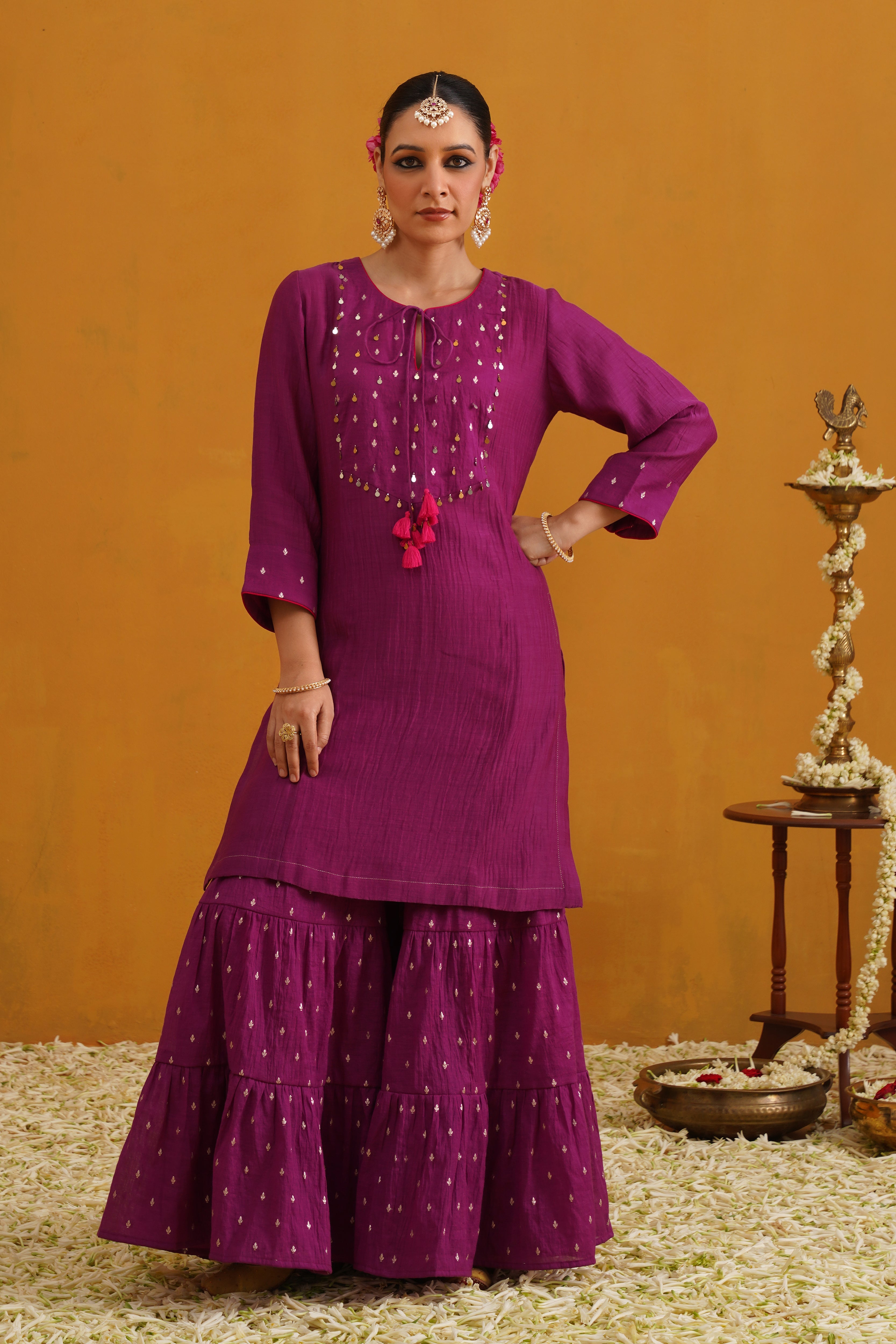 Purple Cecilia Embroidered Banarasi Sharara Set of 3