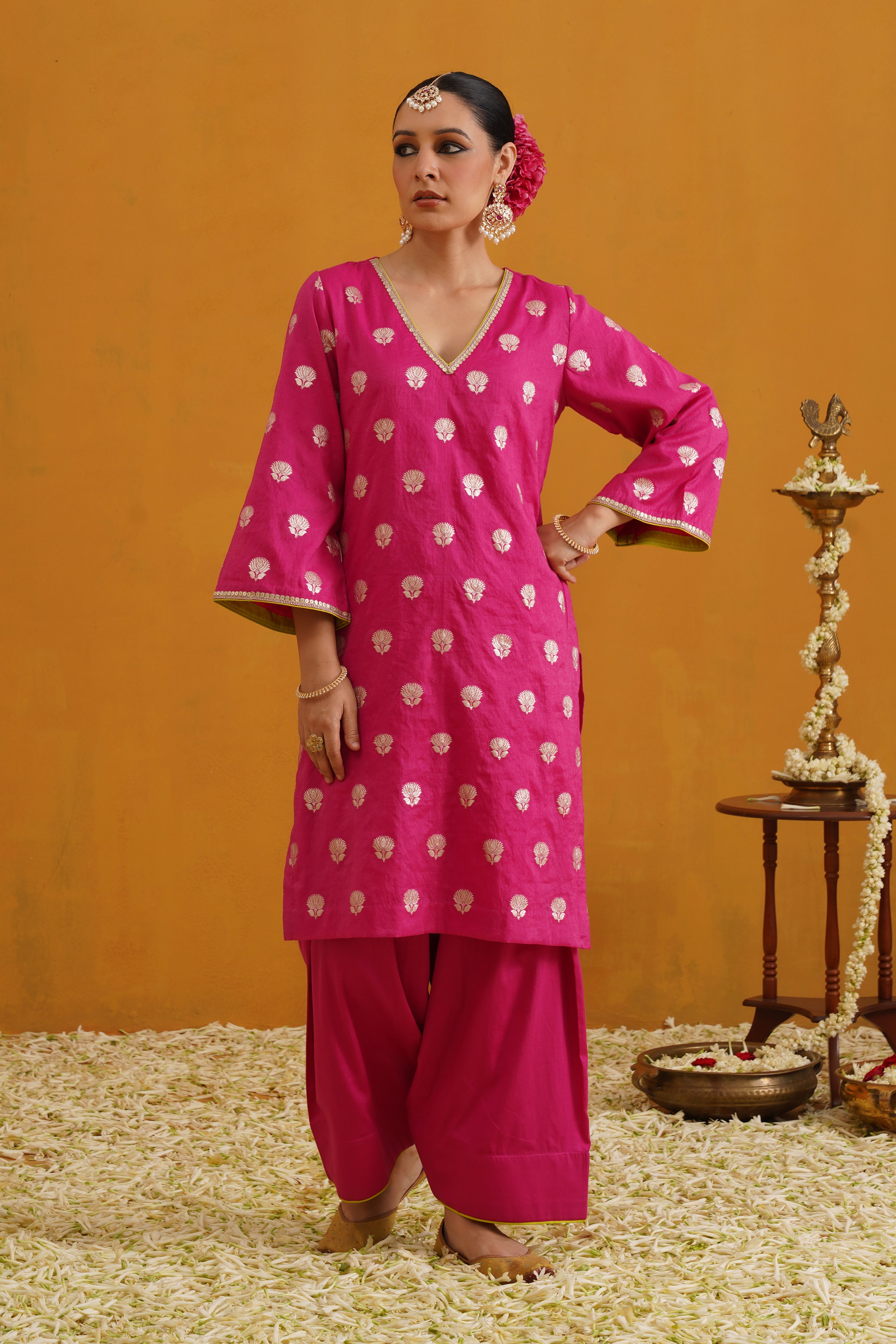 Pink Lotus Banarasi Kurta Set of 3 with Farsi pants
