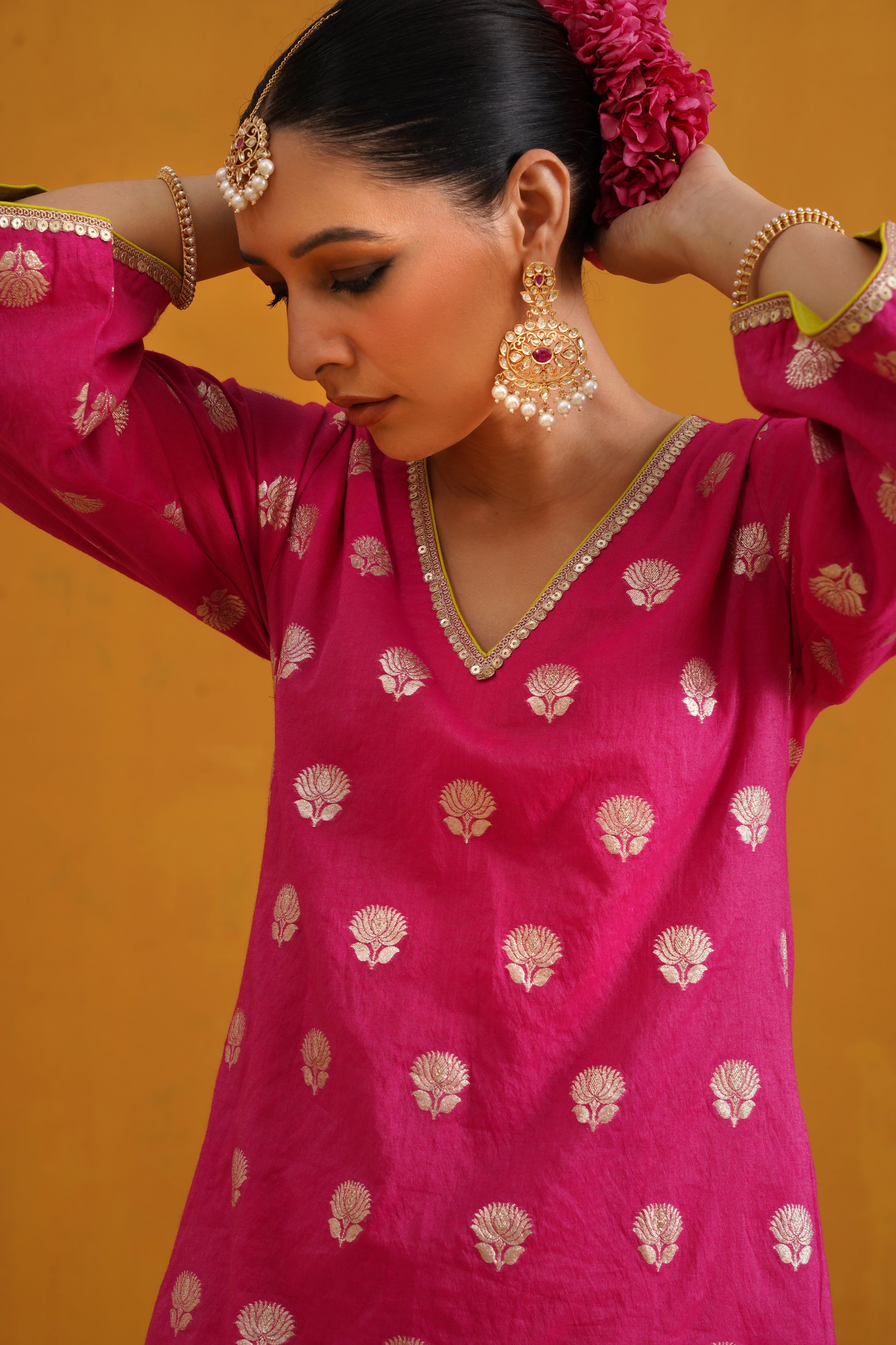 Pink Lotus Banarasi Kurta Set of 3 with Farsi pants