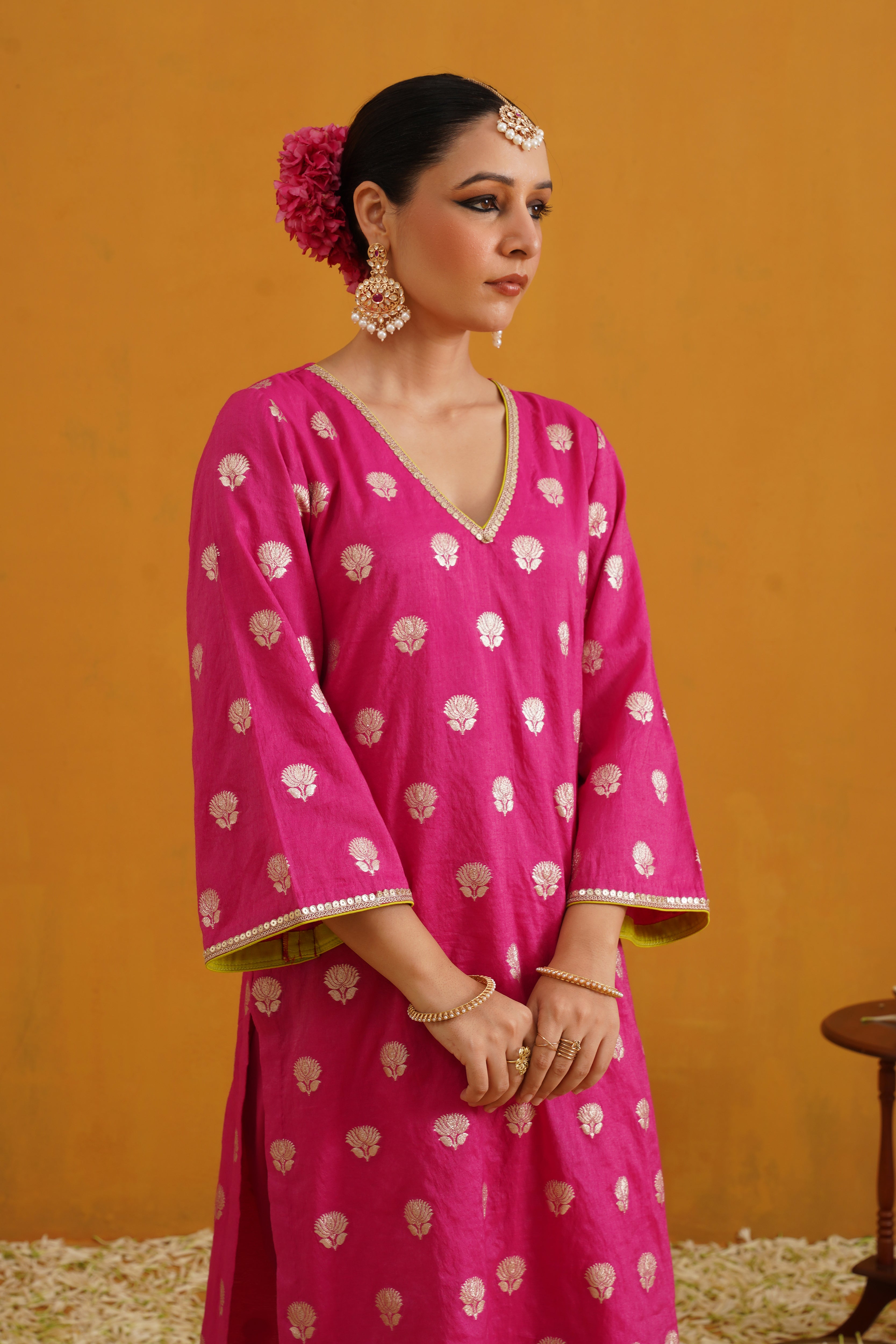 Pink Lotus Banarasi Kurta Set of 3 with Farsi pants