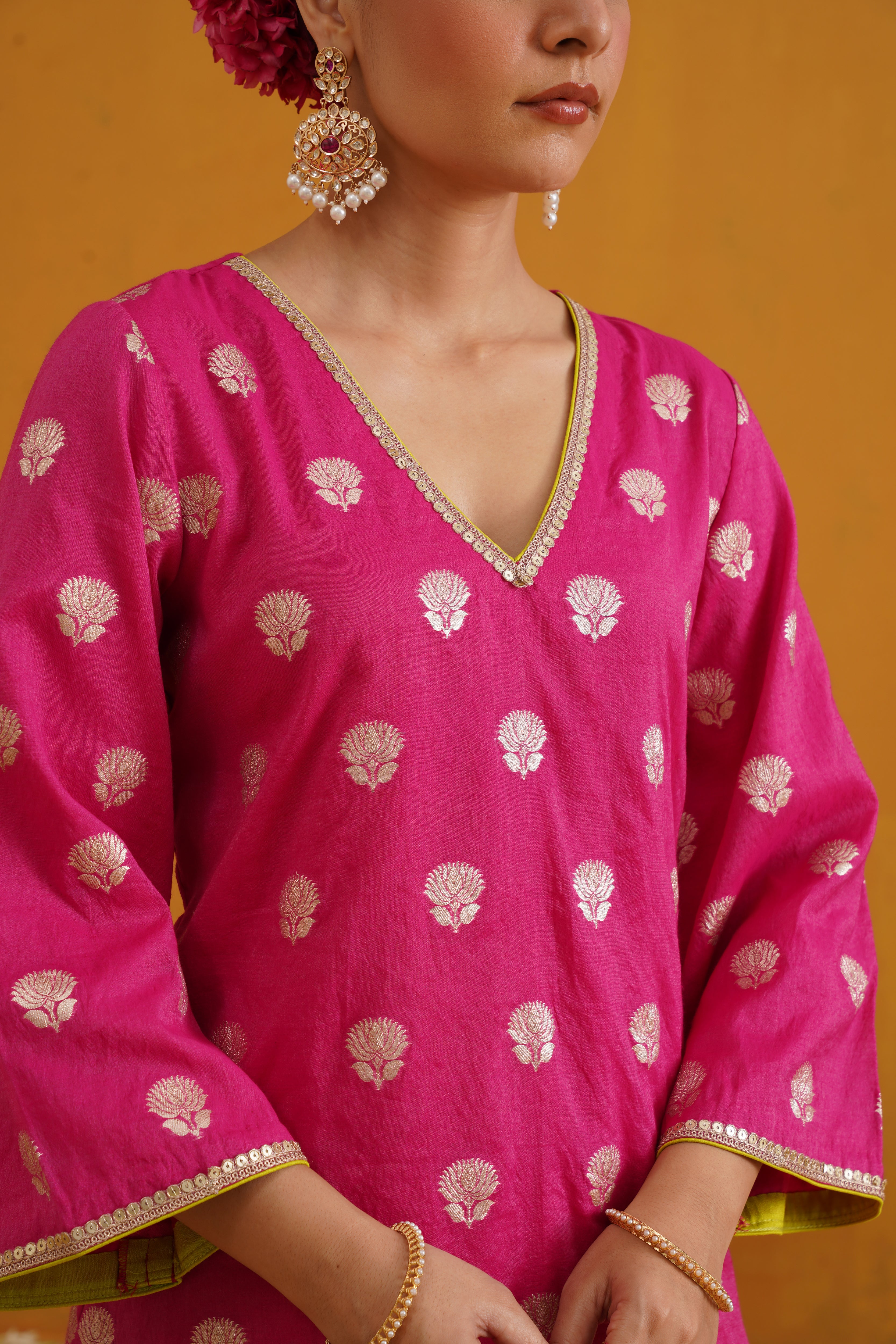 Pink Lotus Banarasi Kurta Set of 3 with Farsi pants
