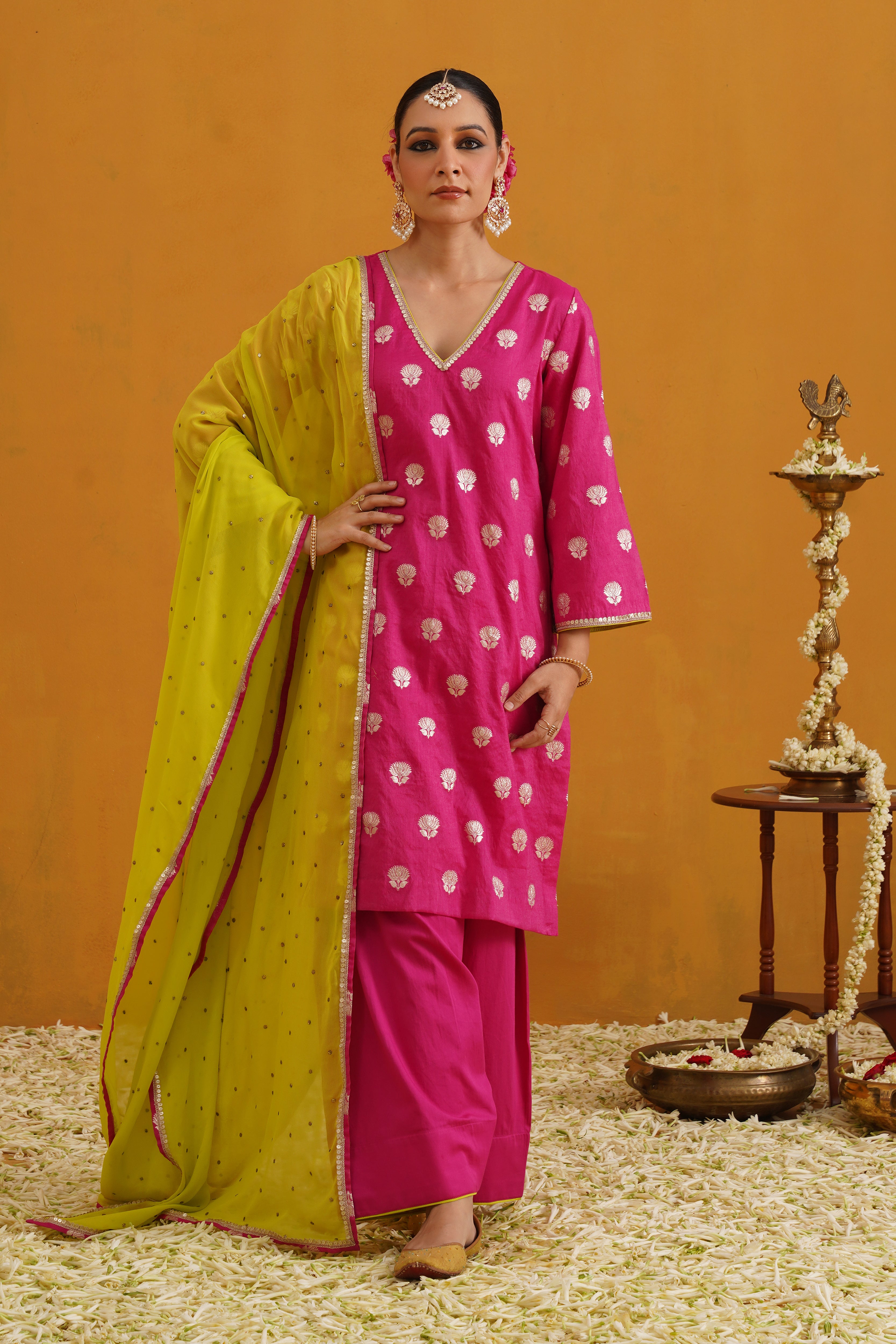 Pink Lotus Banarasi Kurta Set of 3 with Farsi pants