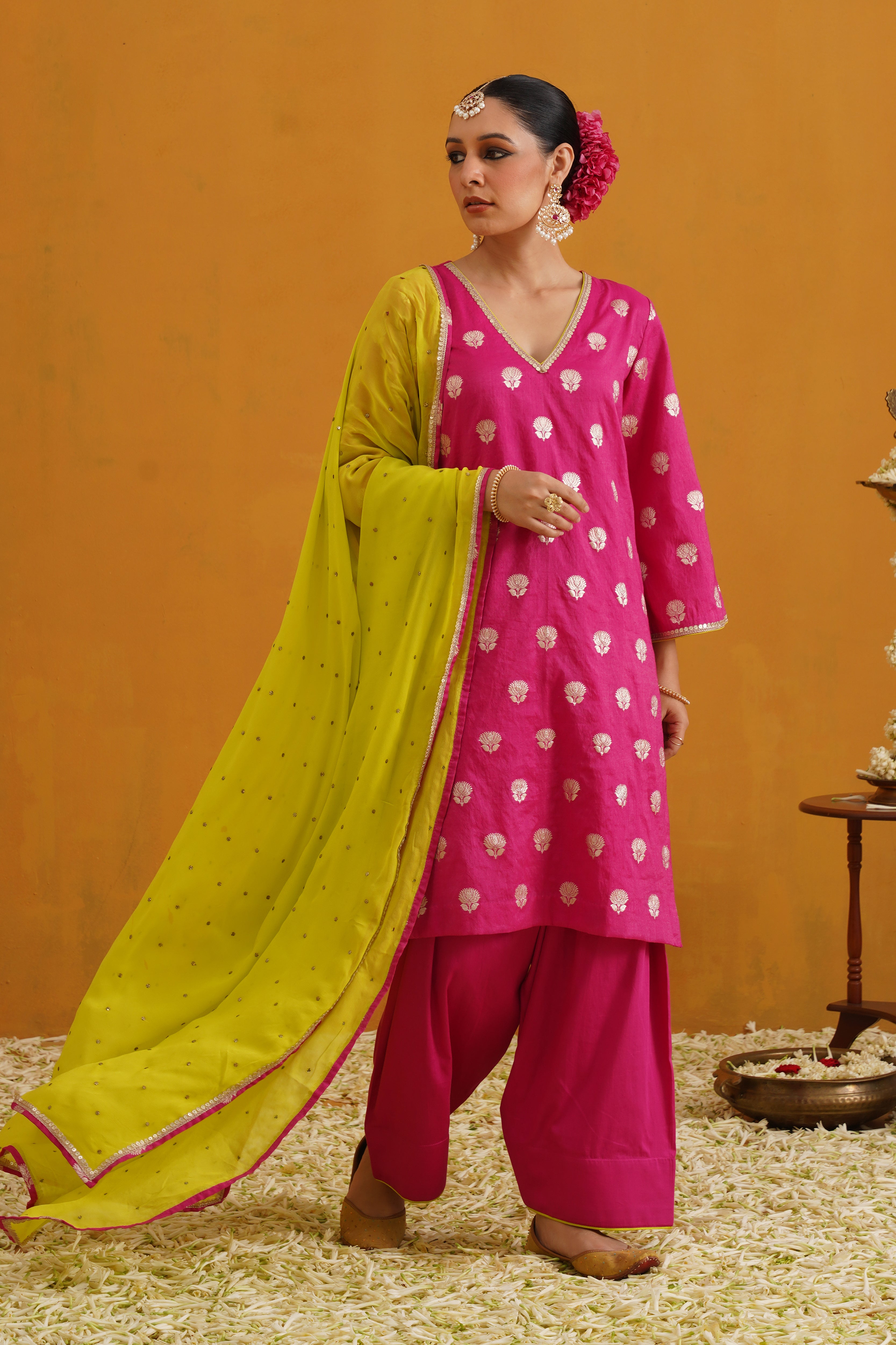 Pink Lotus Banarasi Kurta Set of 3 with Farsi pants