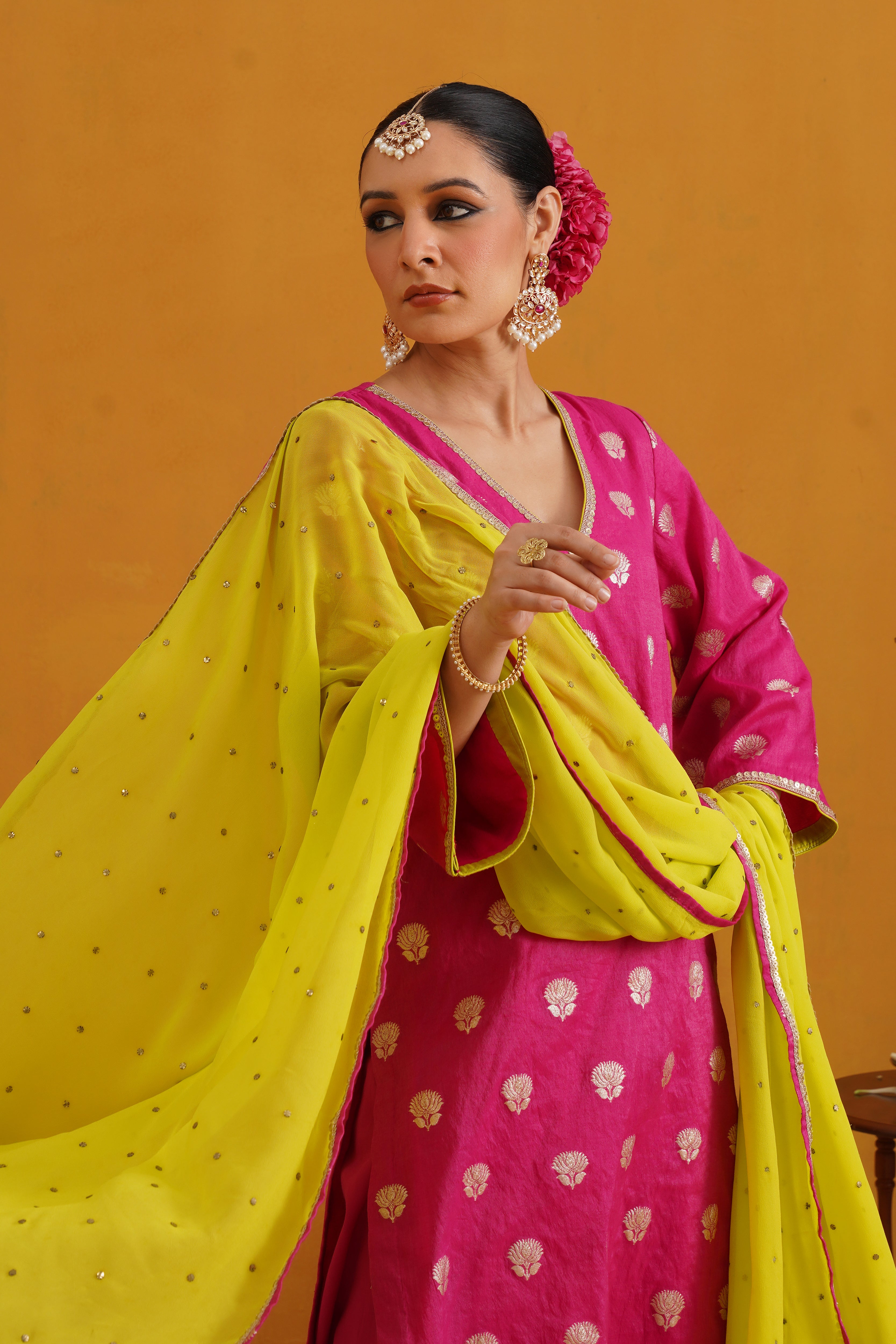 Pink Lotus Banarasi Kurta Set of 3 with Farsi pants