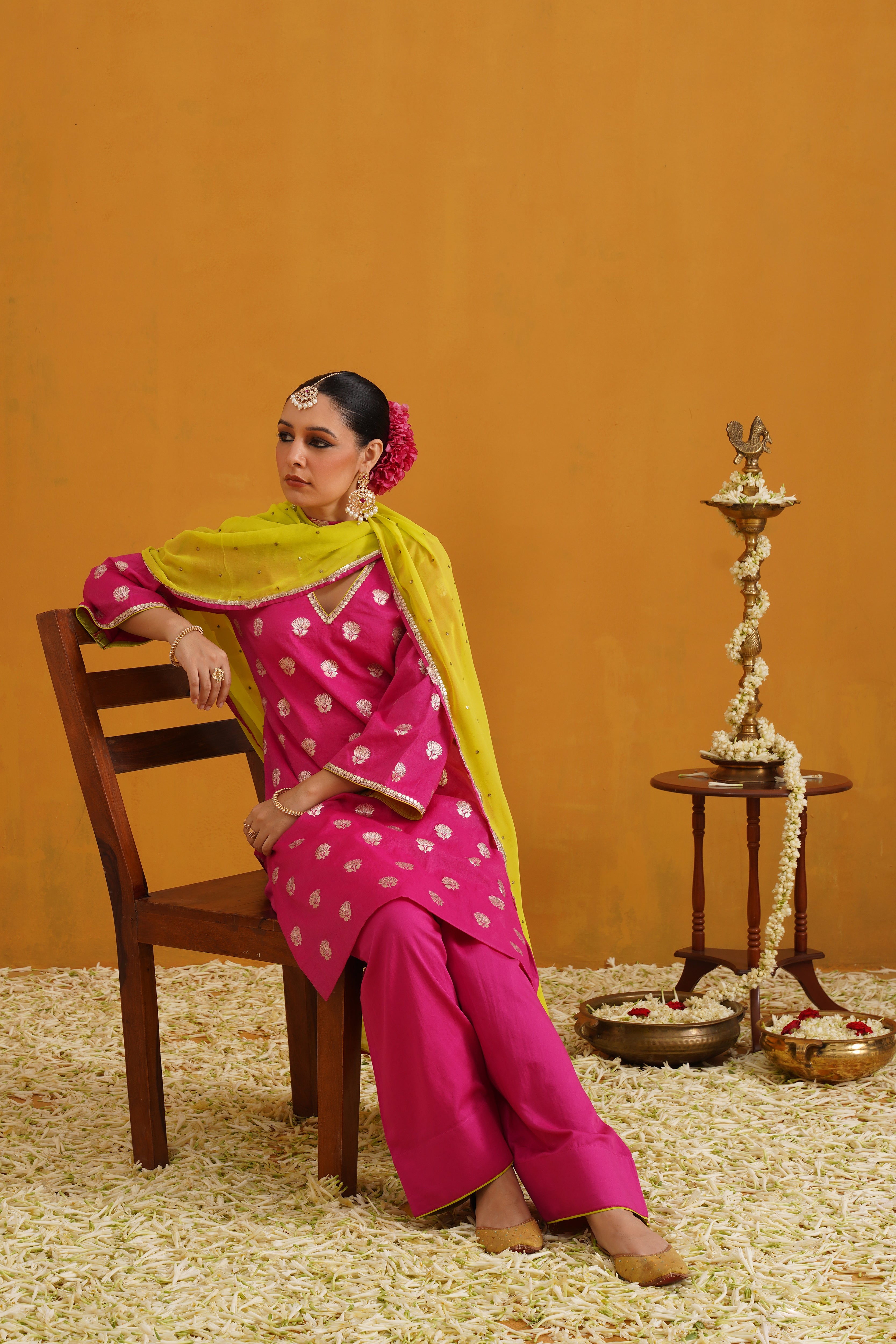 Pink Lotus Banarasi Kurta Set of 3 with Farsi pants