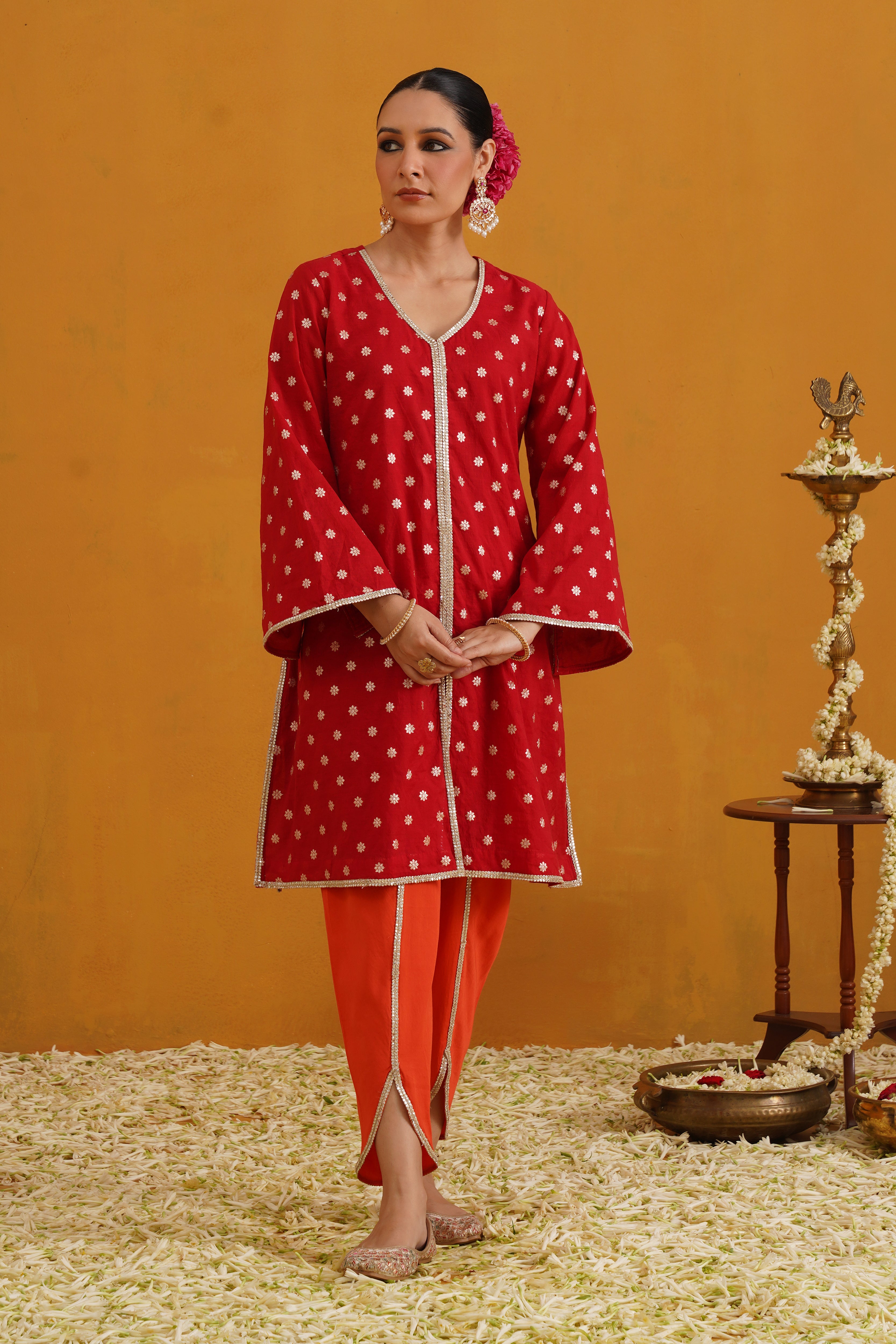 Red Riley Choga Banarasi Kurta Set of 3