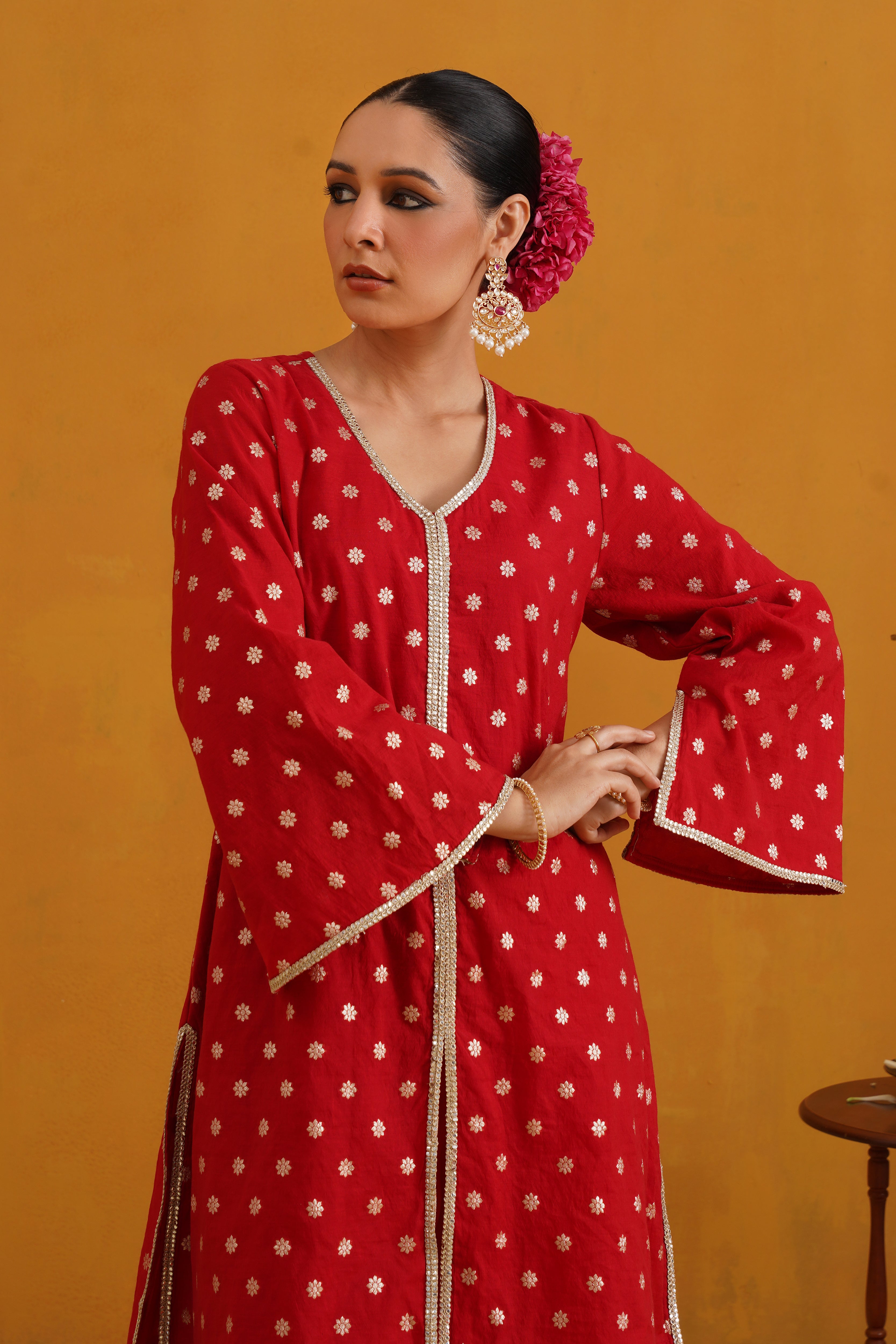 Red Riley Choga Banarasi Kurta Set of 3