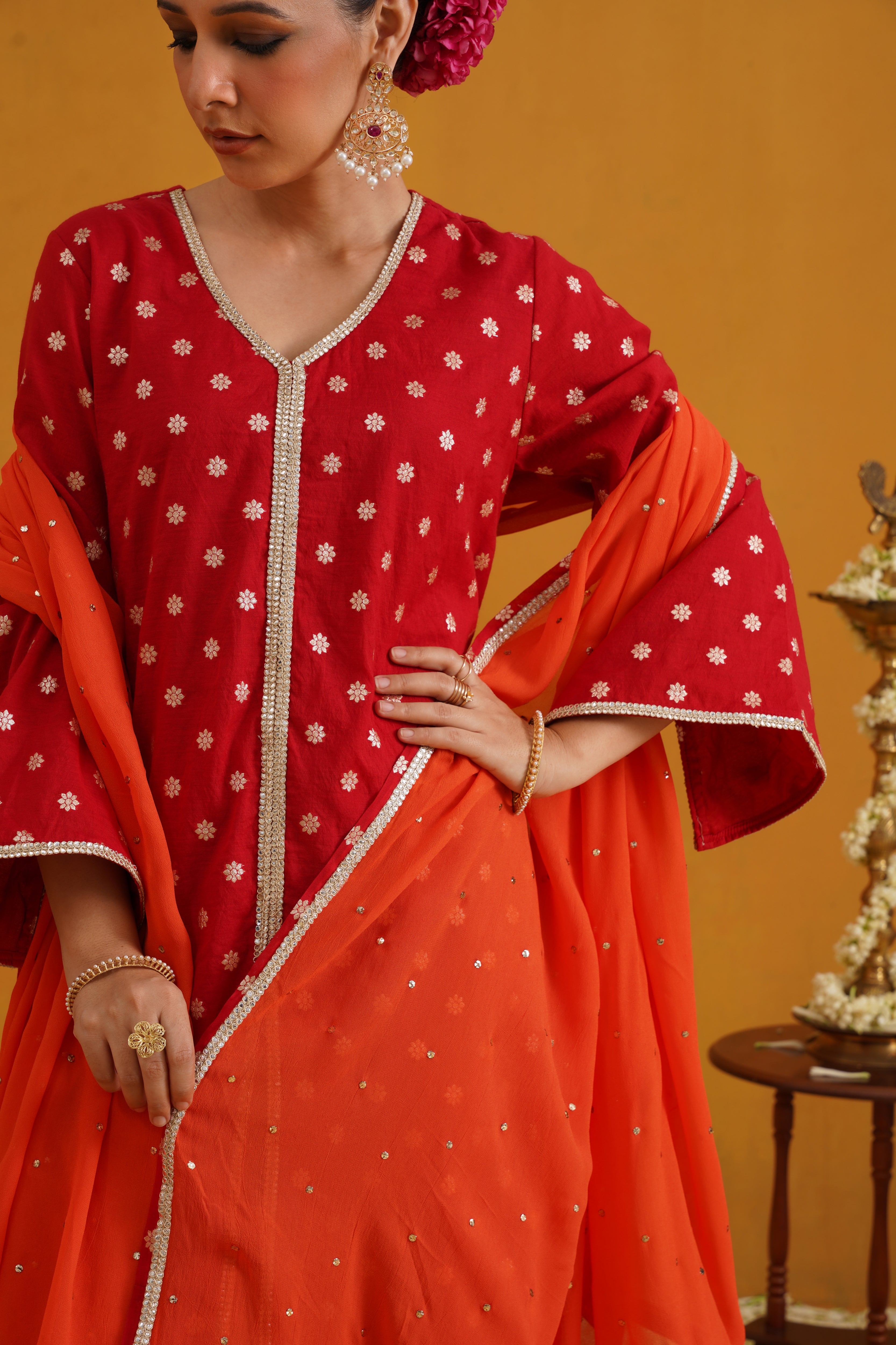 Red Riley Choga Banarasi Kurta Set of 3