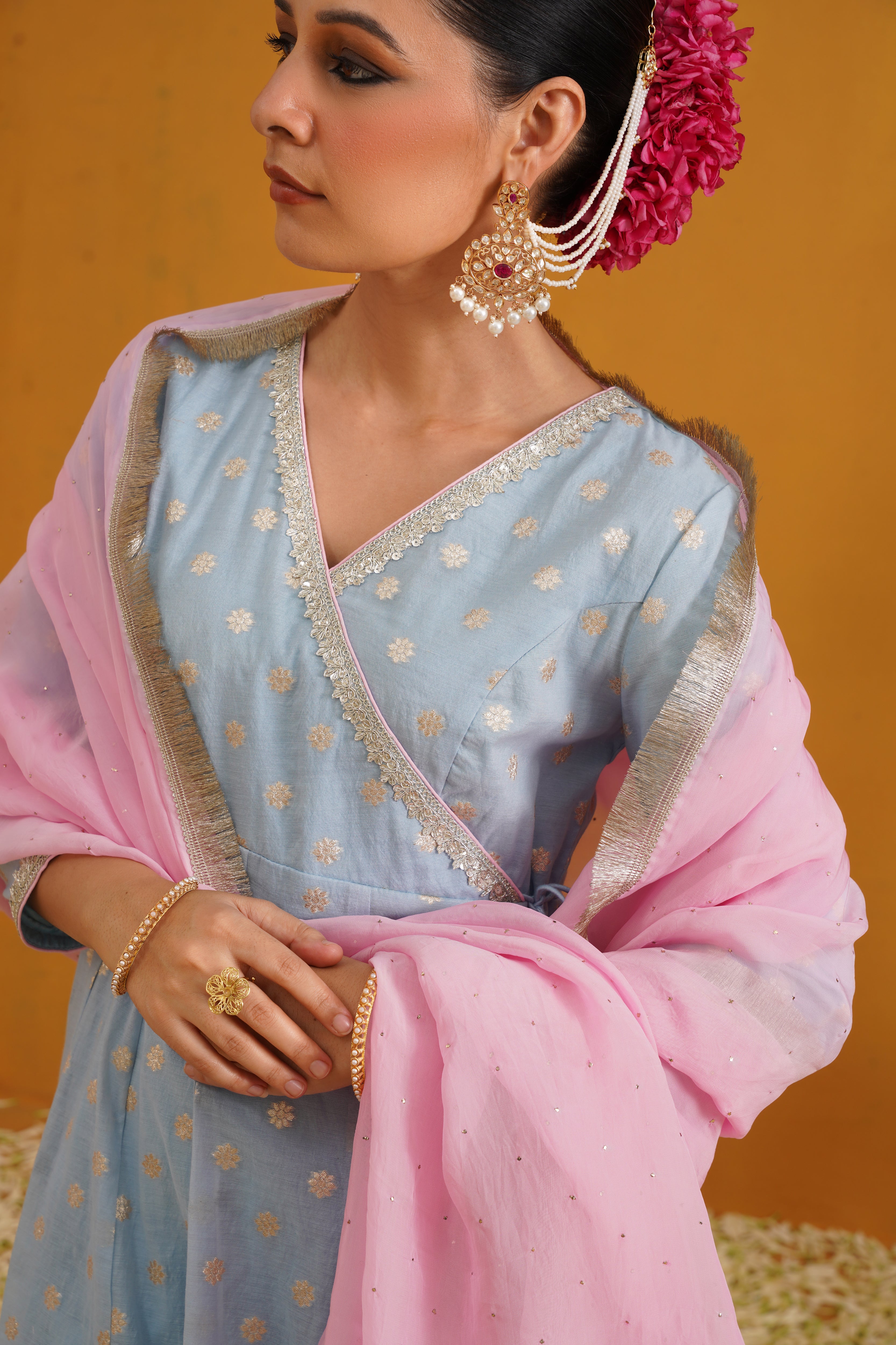 Blue Bethany Banarasi Anarkali Set of 3