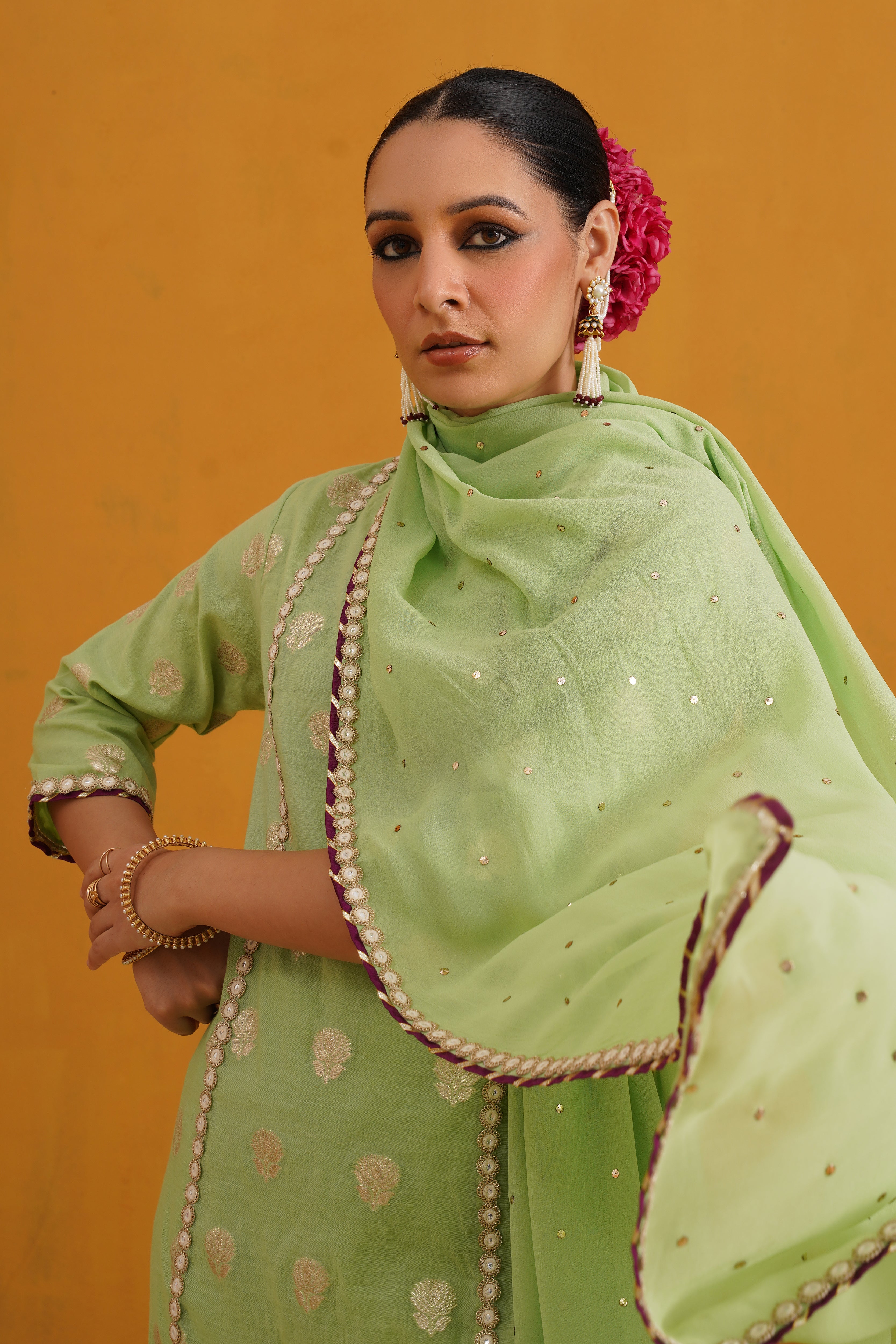 Green Cypress Banarasi Kurta Set of 3