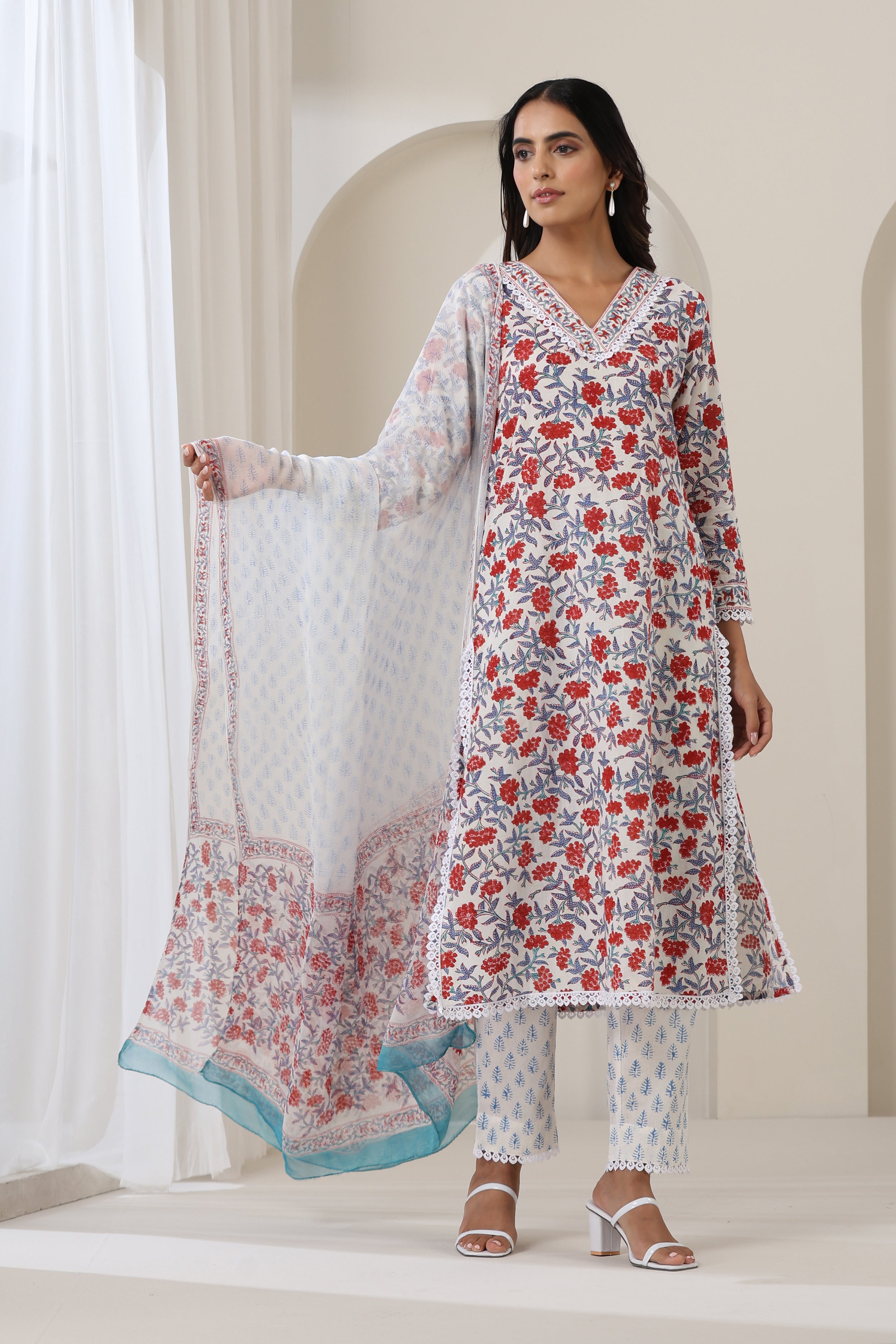 Red Cherry Floral Kurta Set of 3
