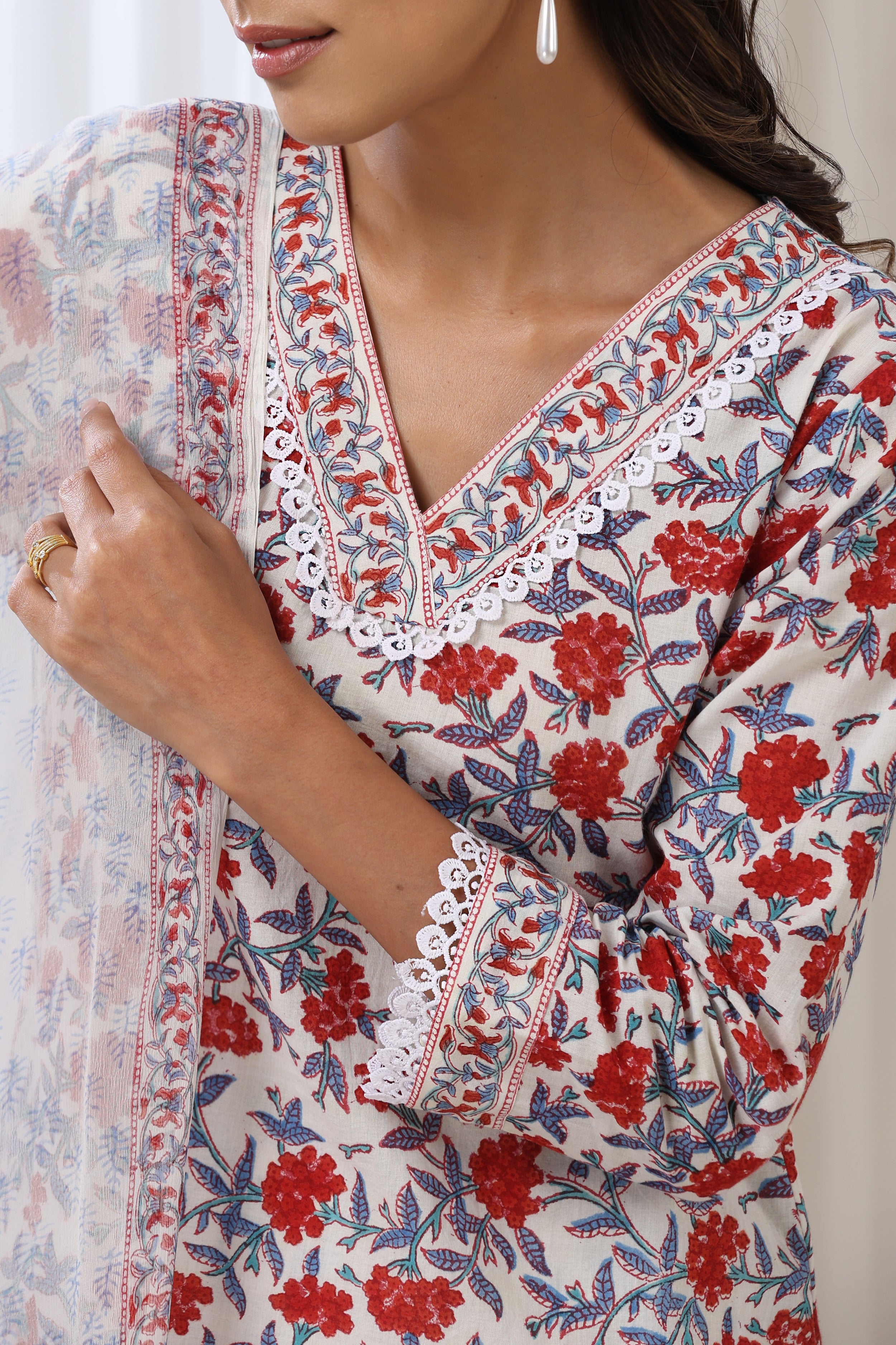 Red Cherry Floral Kurta Set of 3