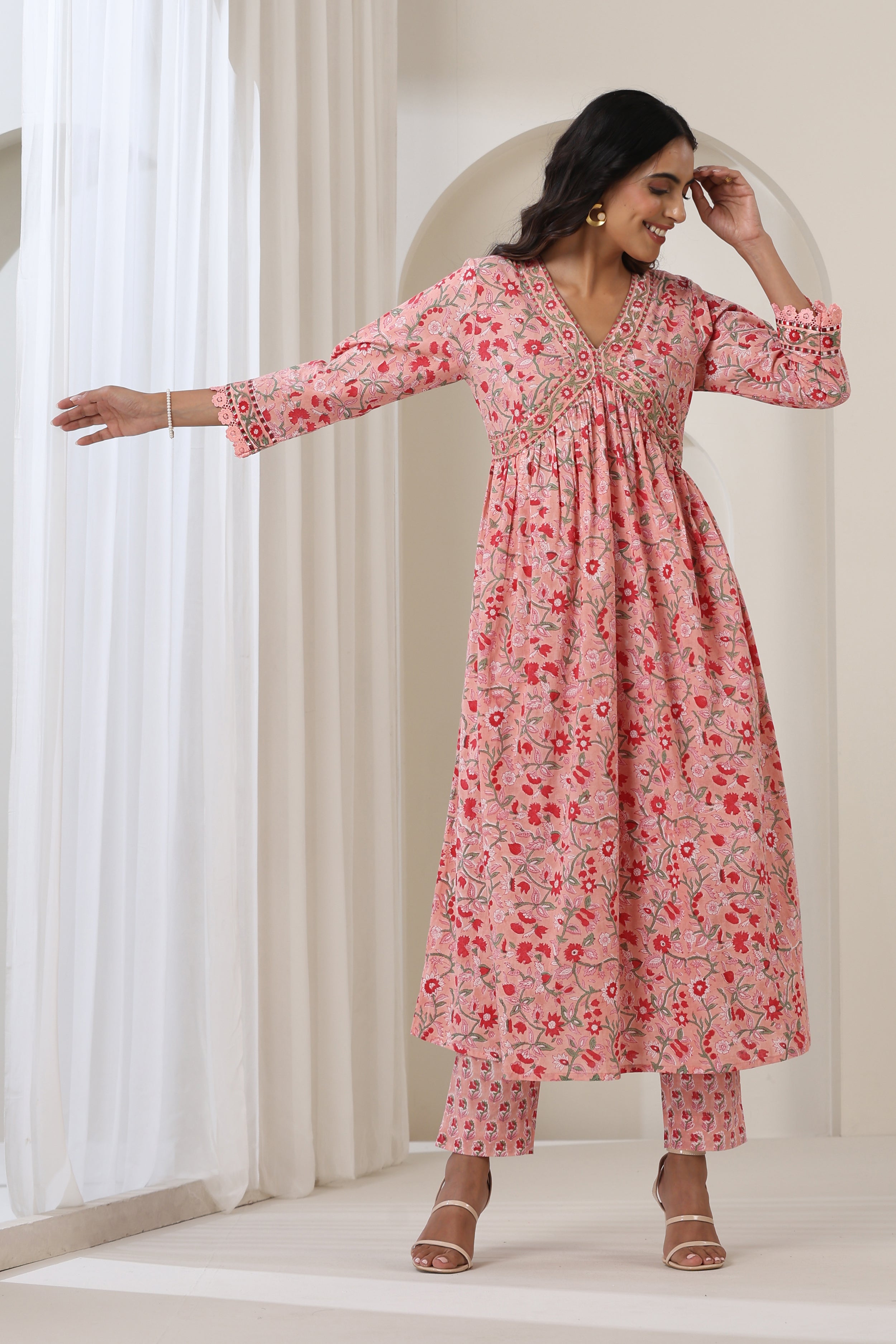 Blooming Peach Gathered Kurta Set of 3