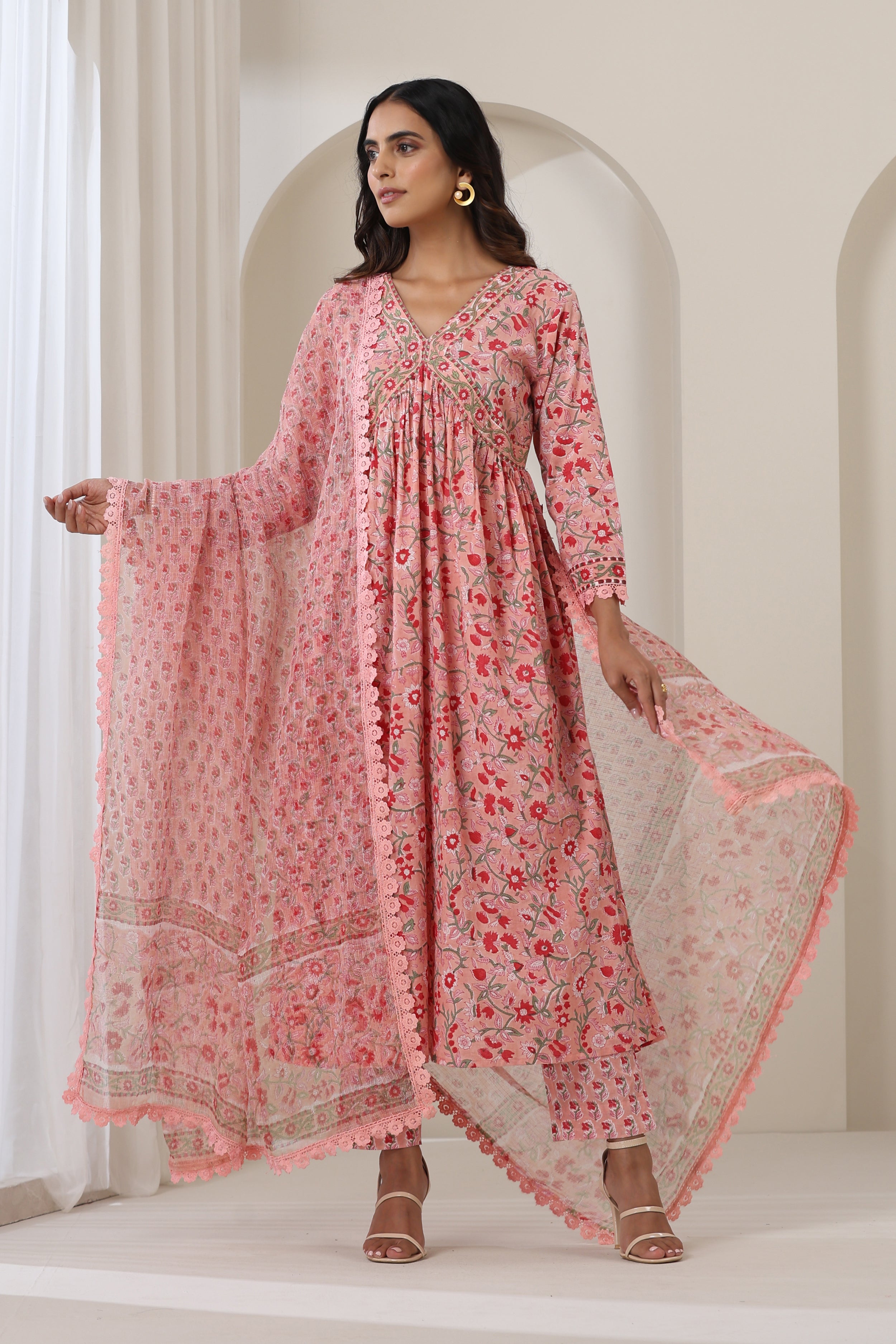 Blooming Peach Gathered Kurta Set of 3