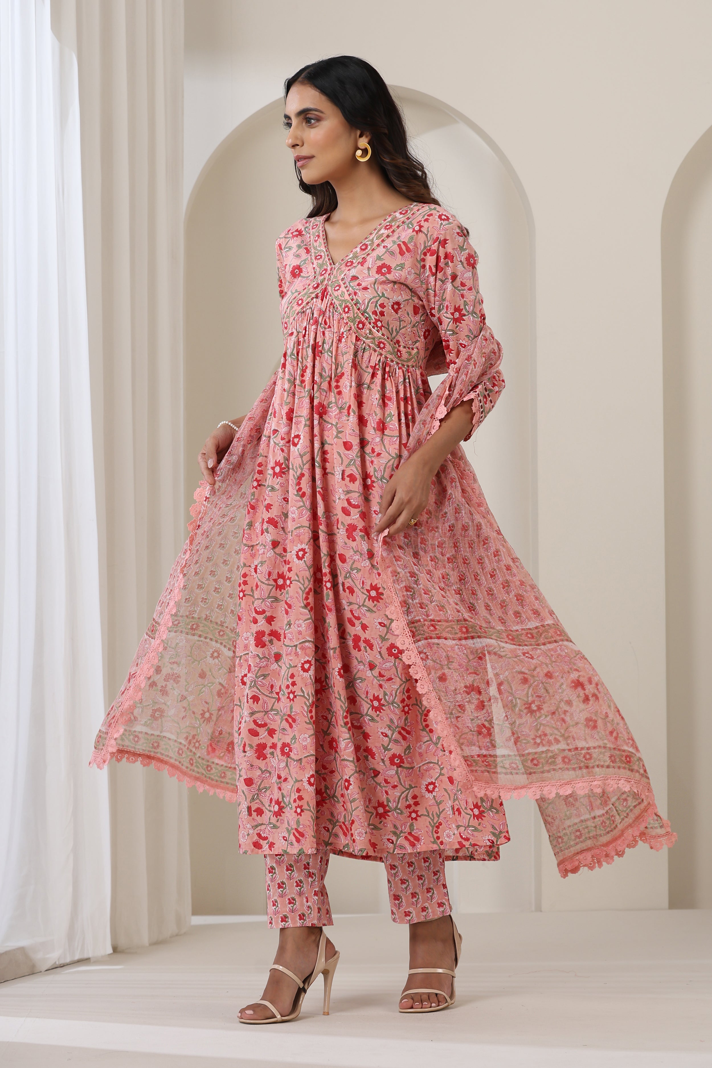 Blooming Peach Gathered Kurta Set of 3