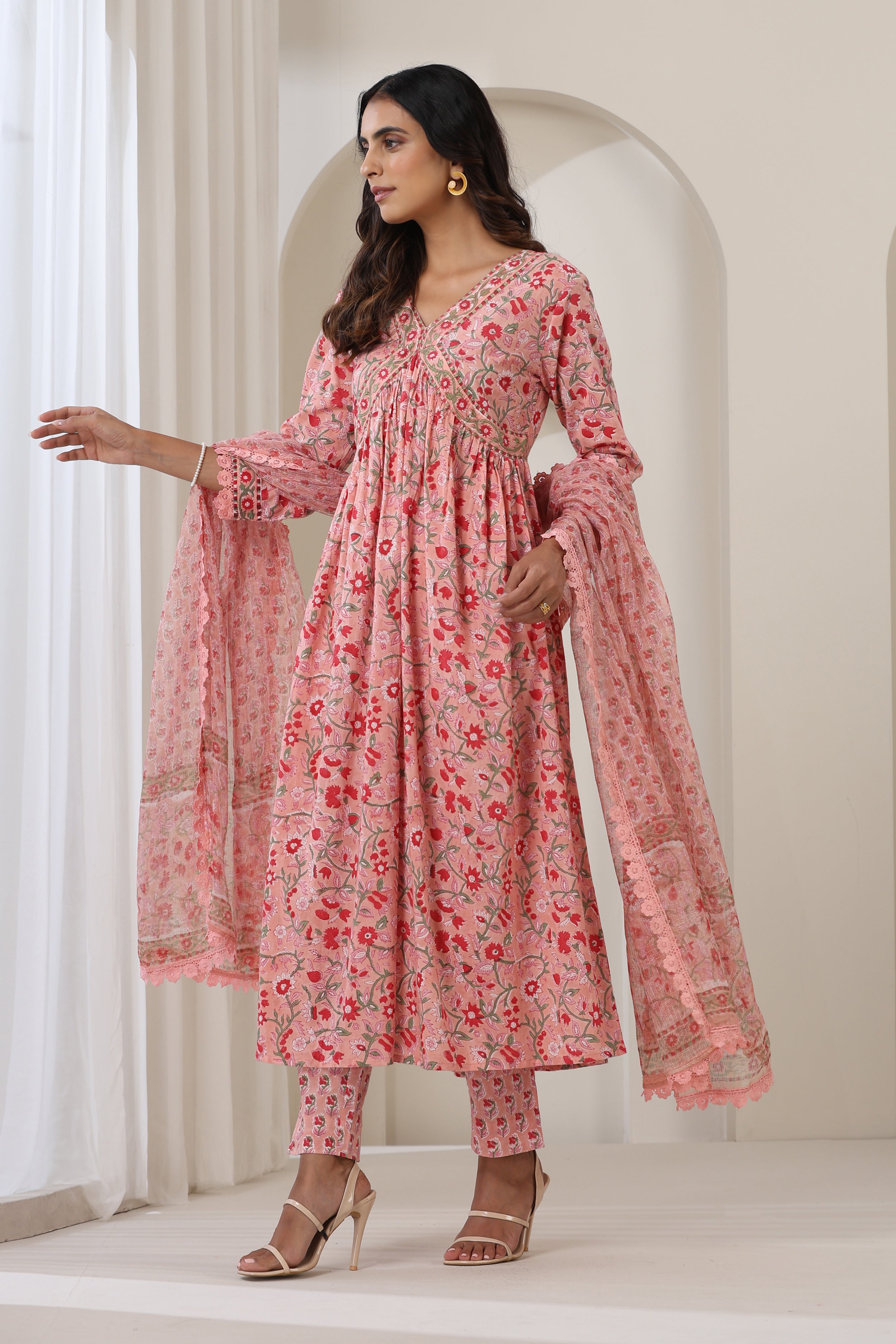 Blooming Peach Gathered Kurta Set of 3
