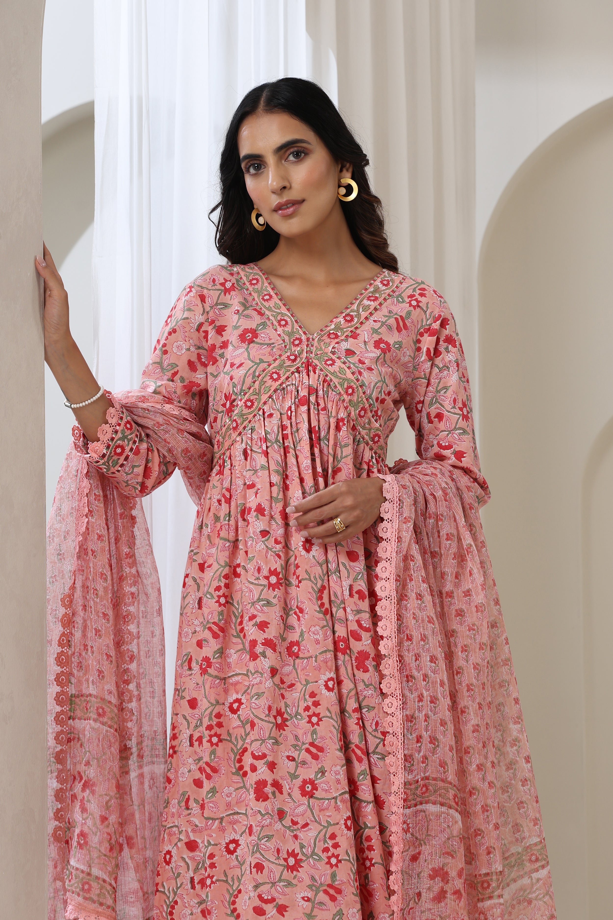 Blooming Peach Gathered Kurta Set of 3