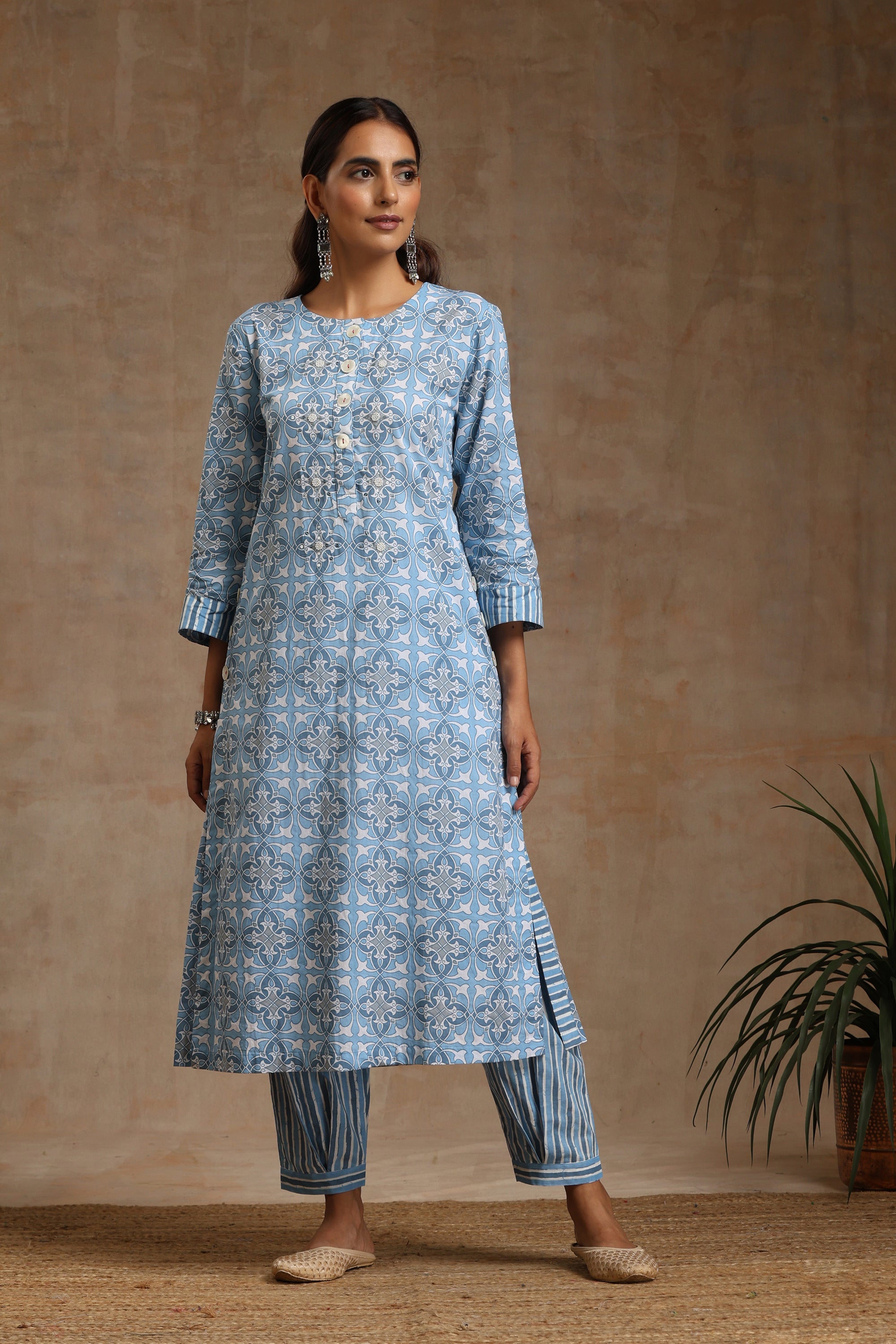 Sky Blue Geometric Embroidered Kurta Set of 3