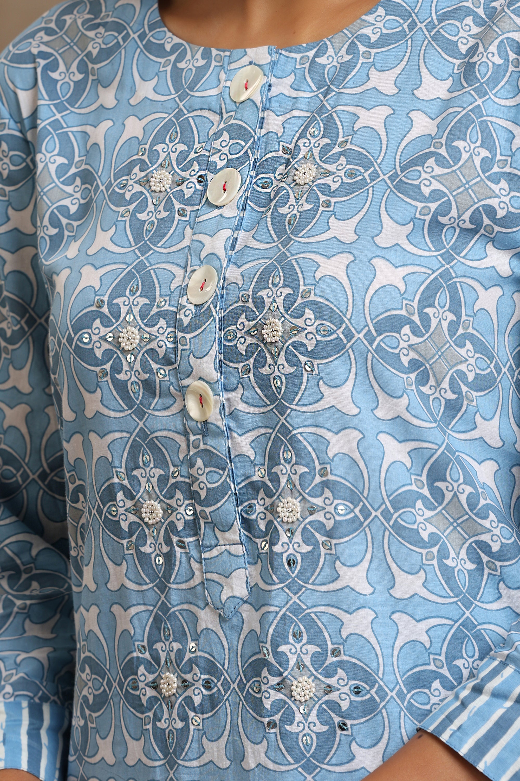 Sky Blue Geometric Embroidered Kurta Set of 3