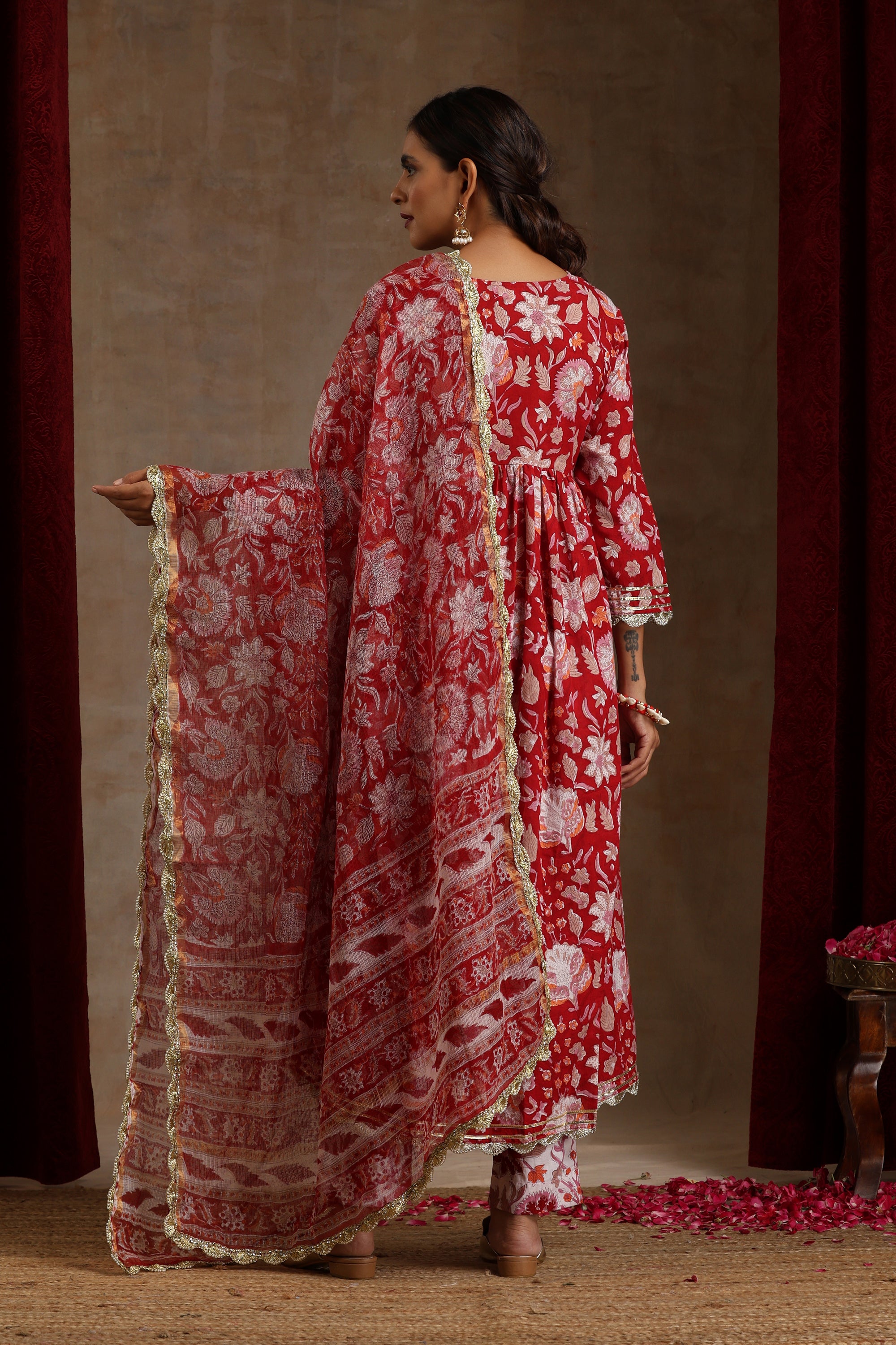 Red Scarlet Floral Anarkali Set of 3