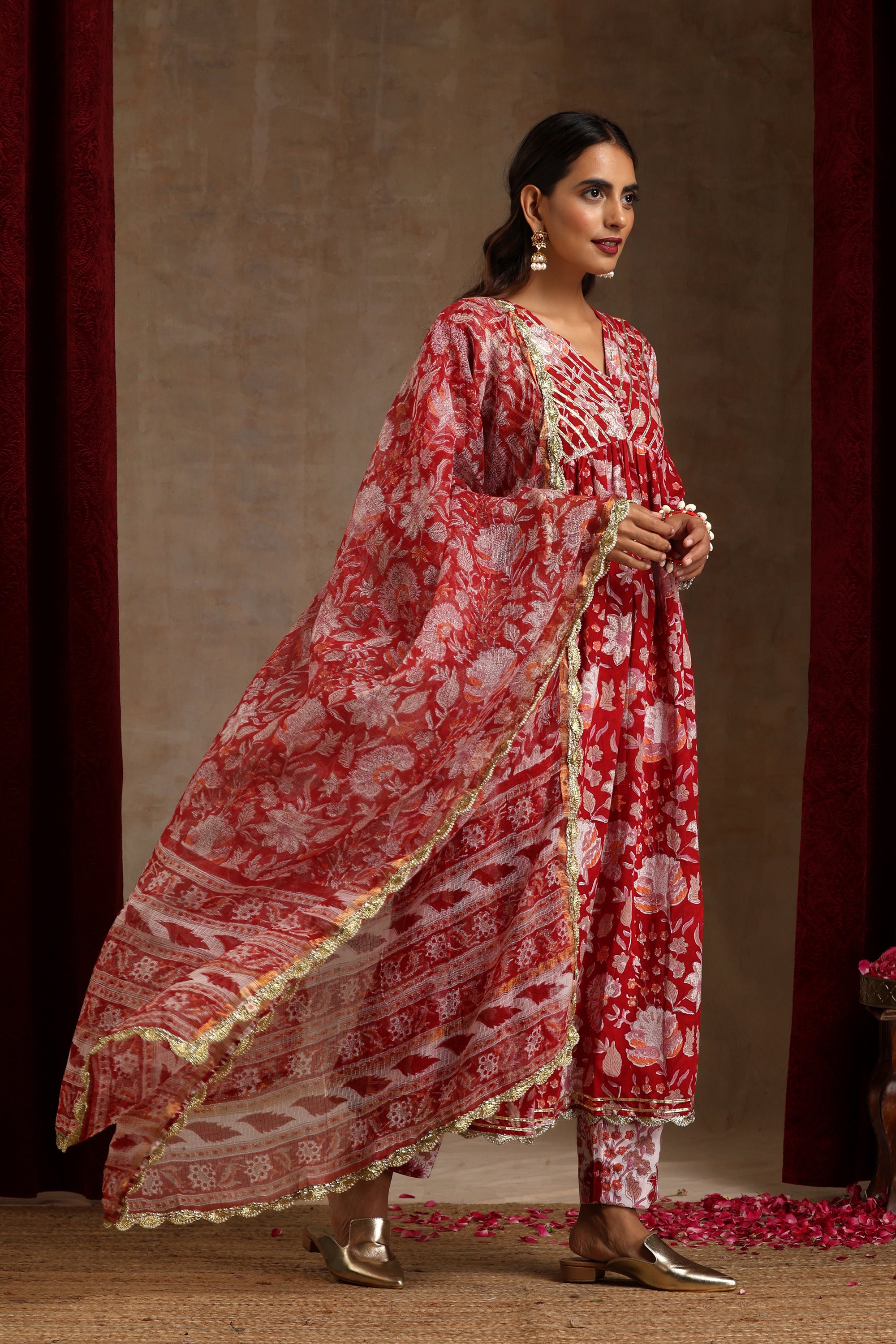 Red Scarlet Floral Anarkali Set of 3
