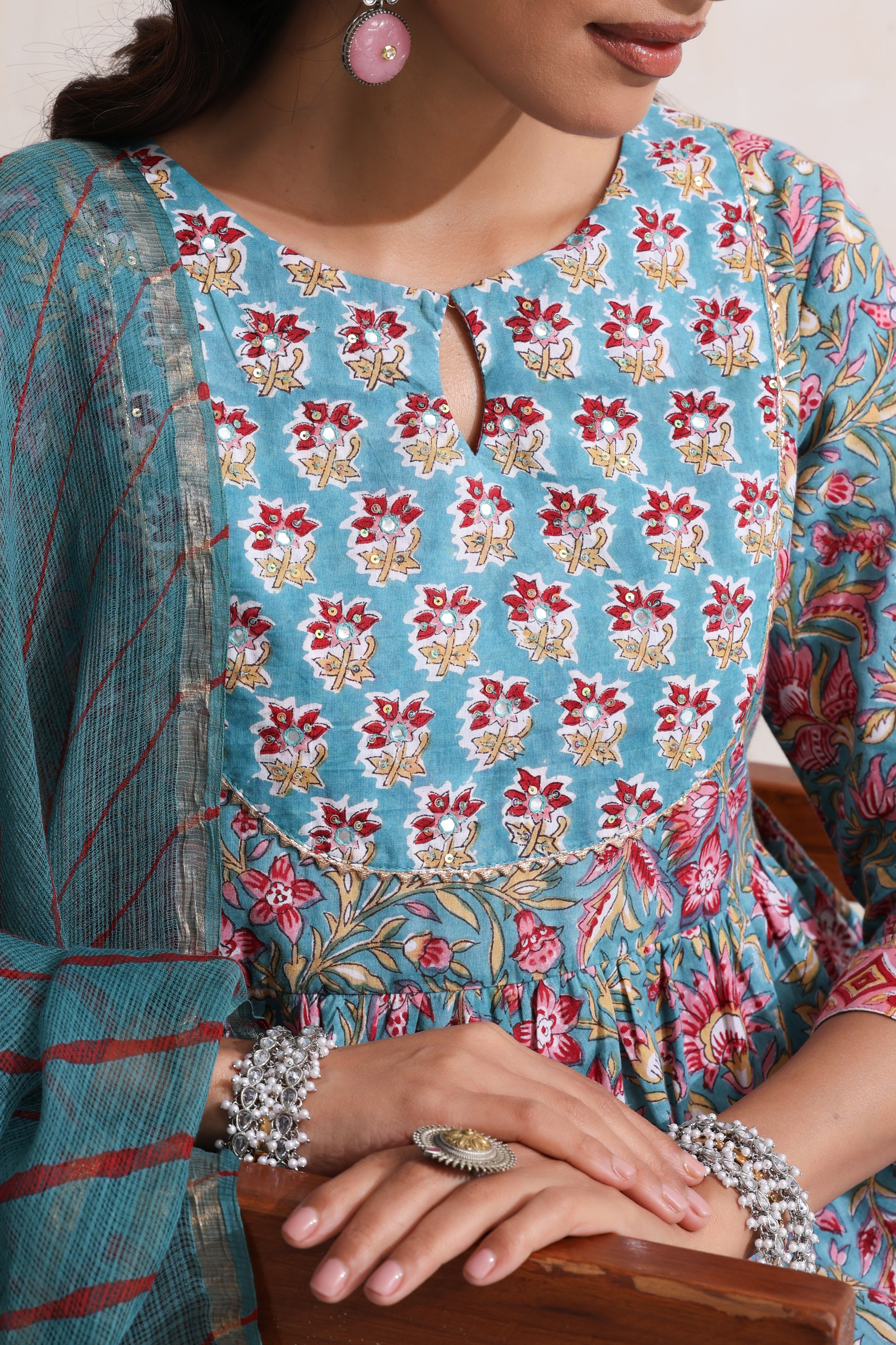 Green Gazania Embroidered Anarkali Set of 3