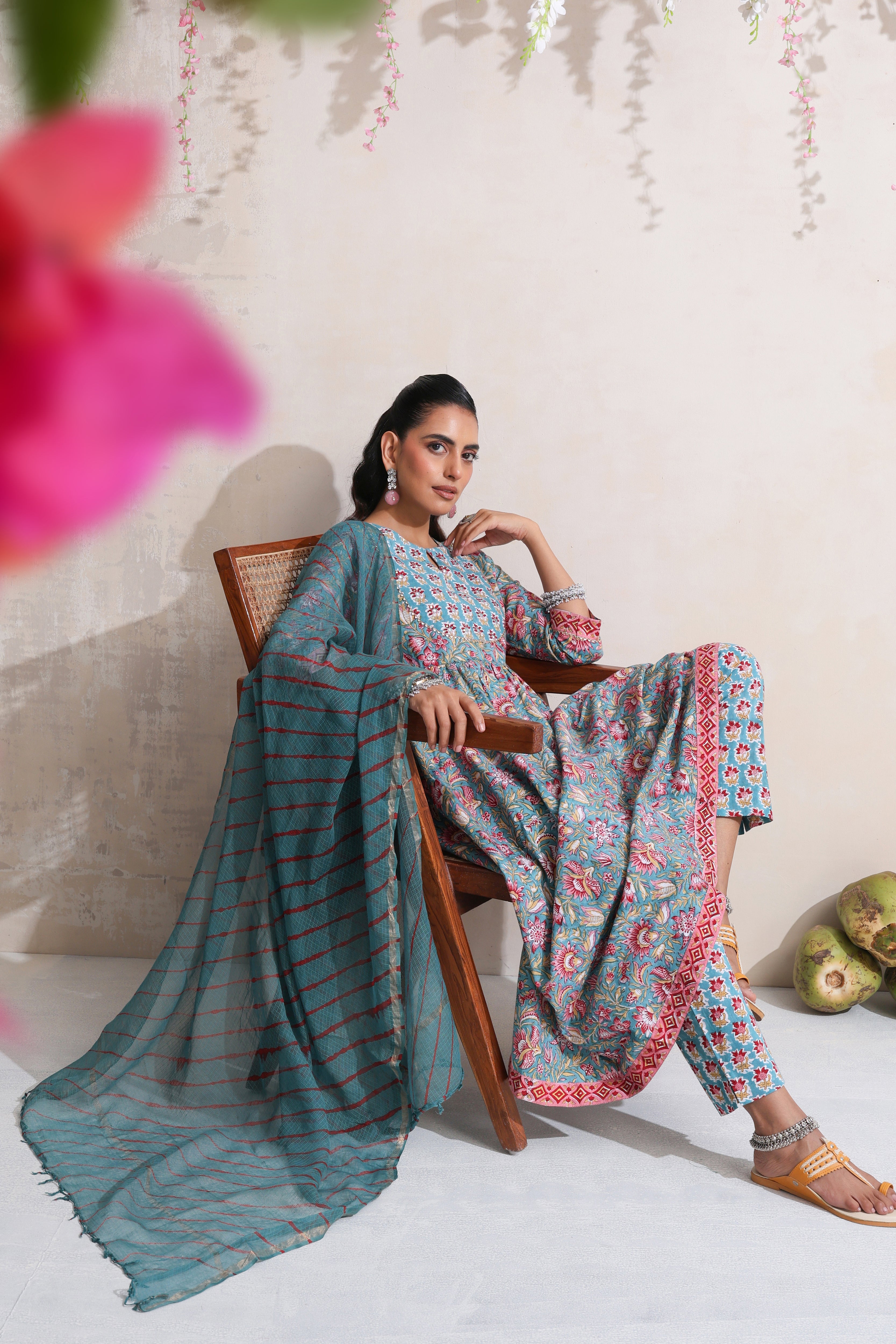Green Gazania Embroidered Anarkali Set of 3