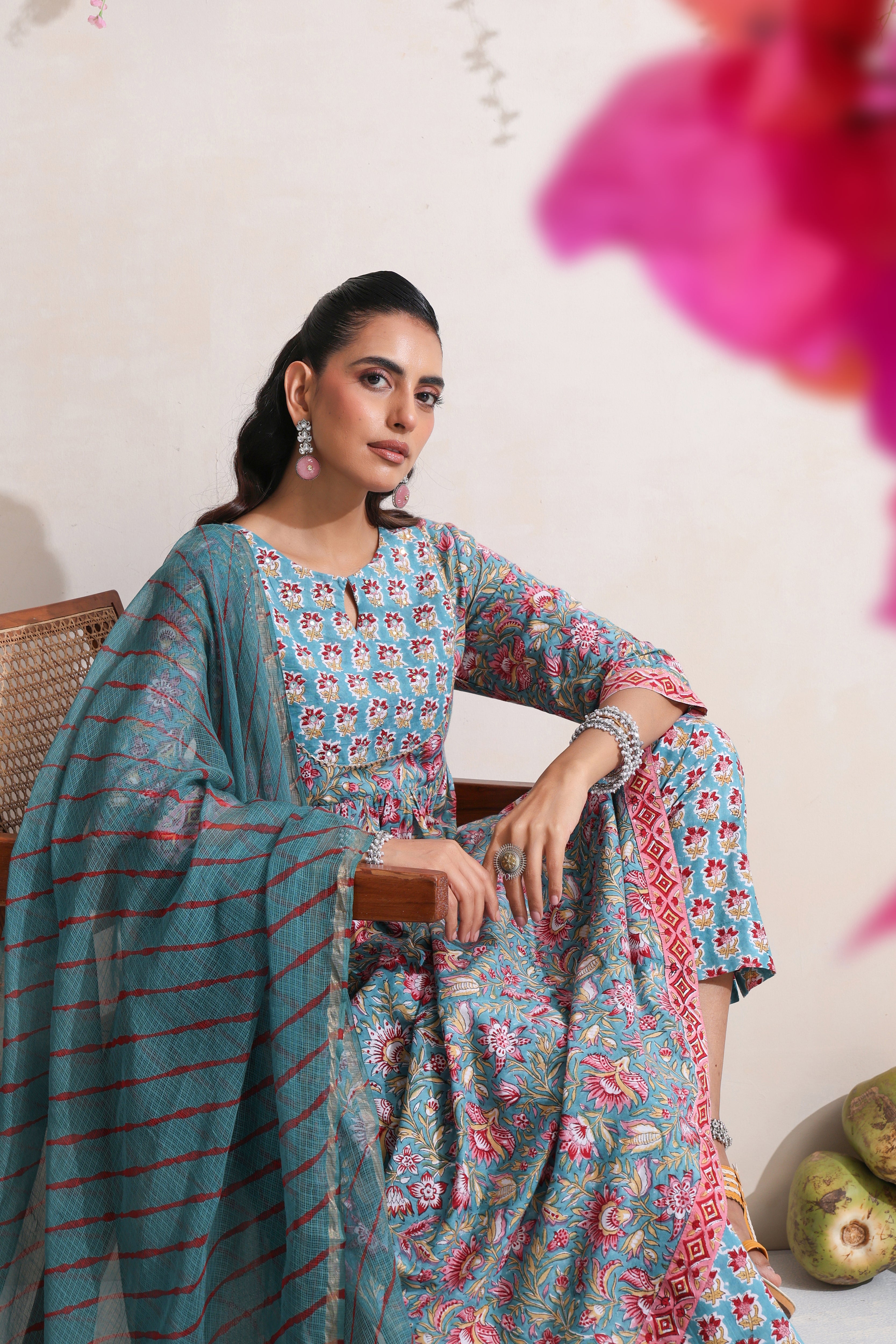 Green Gazania Embroidered Anarkali Set of 3