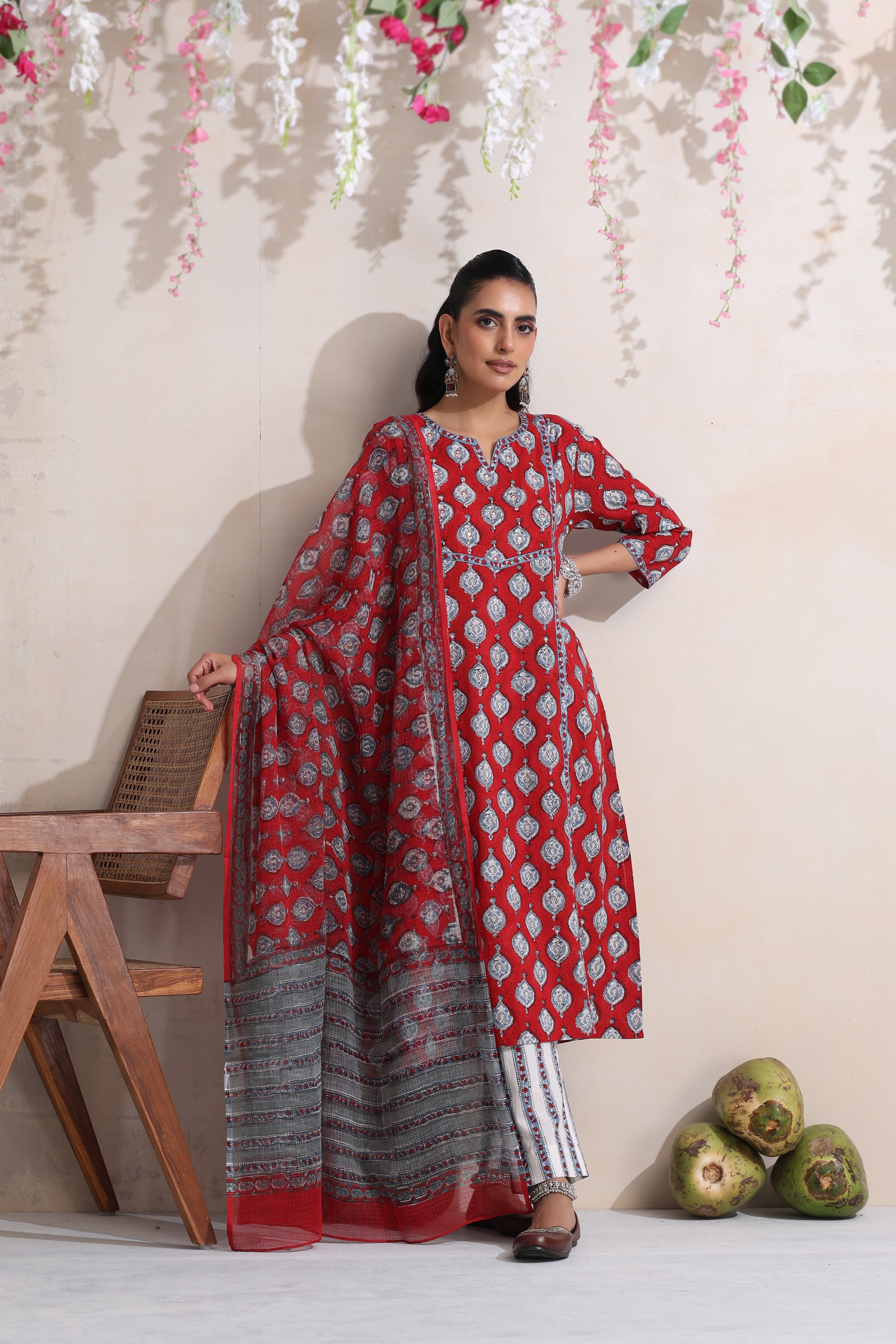 Red Garnet Embroidered Kurta Set of 3