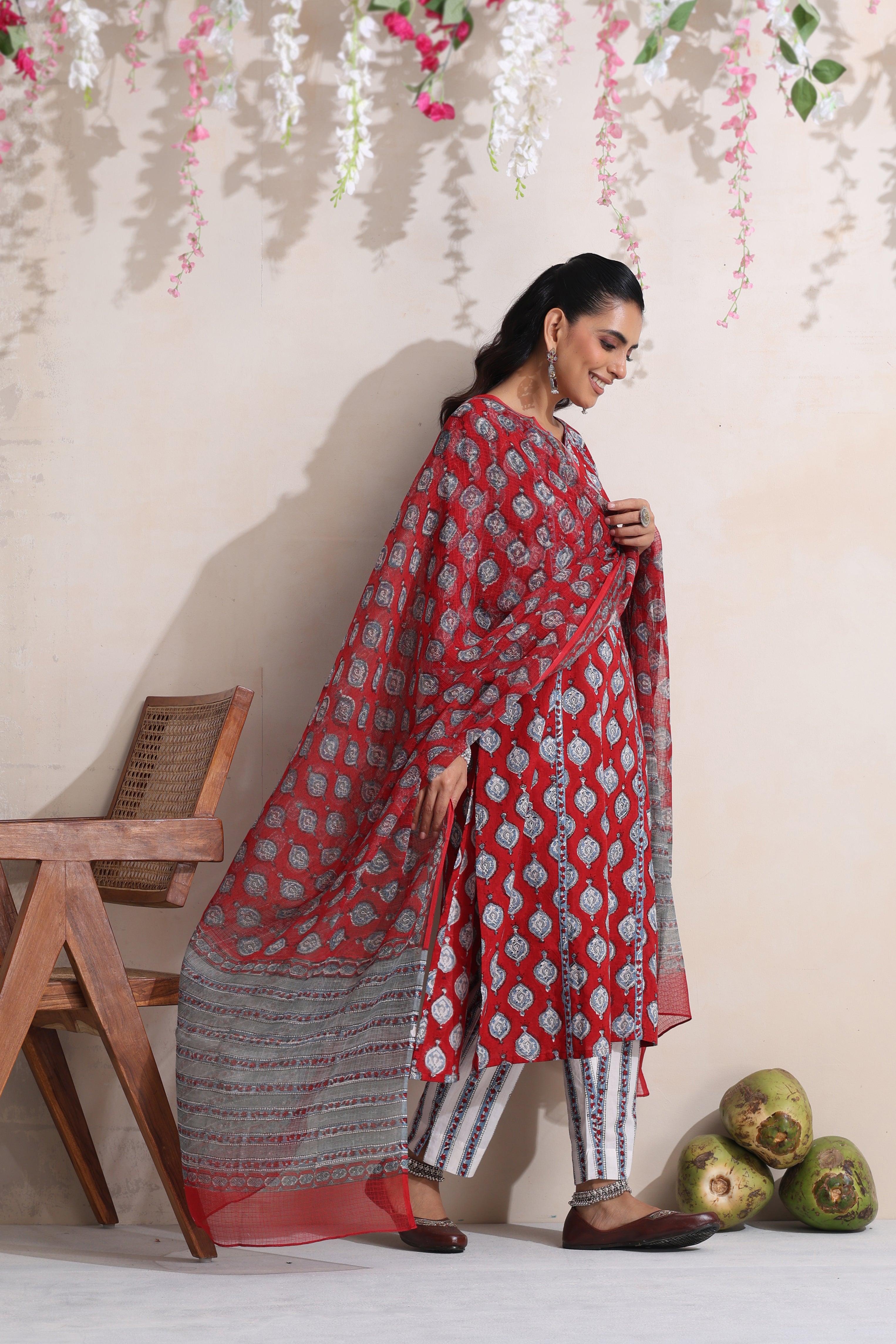 Red Garnet Embroidered Kurta Set of 3