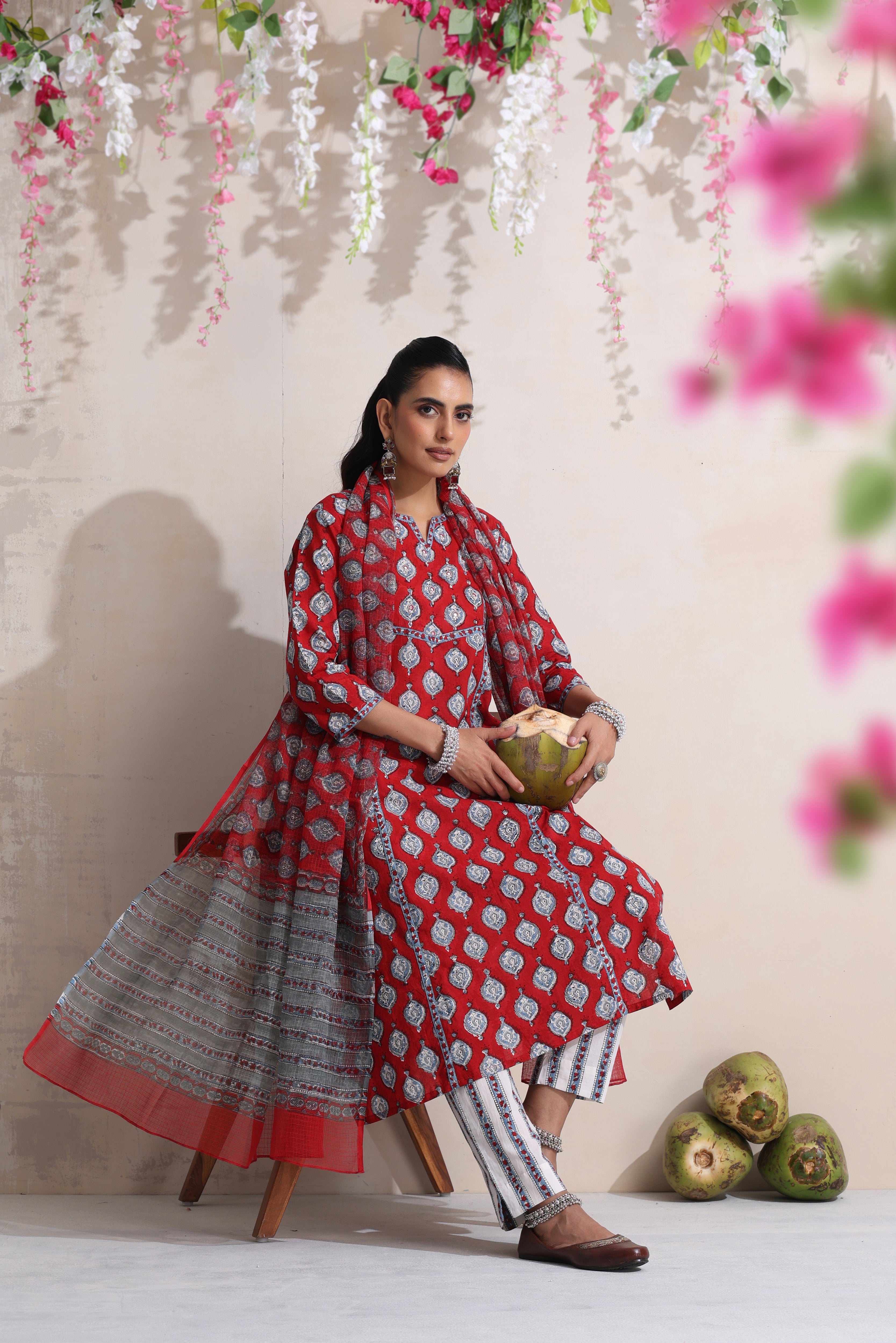 Red Garnet Embroidered Kurta Set of 3