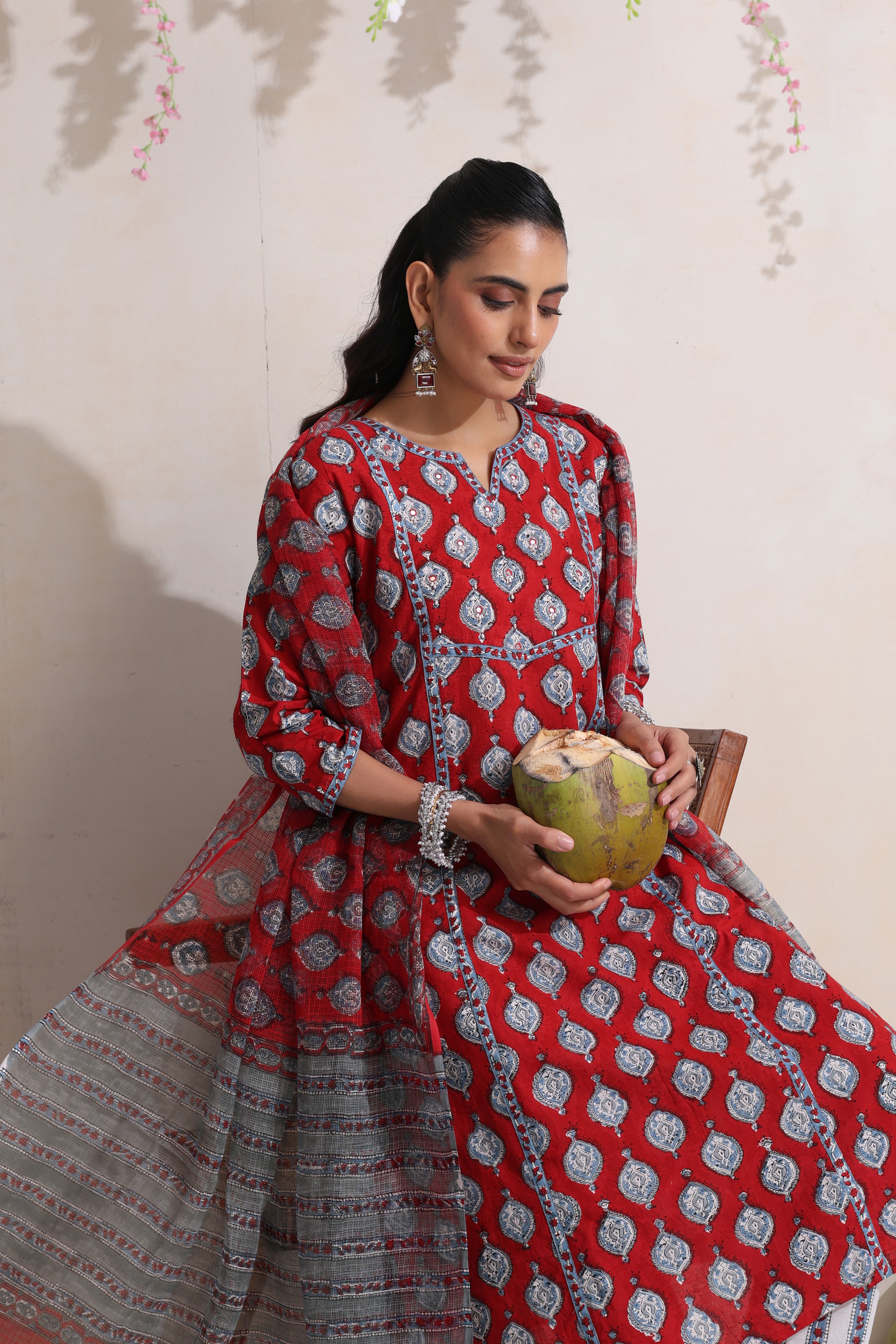 Red Garnet Embroidered Kurta Set of 3