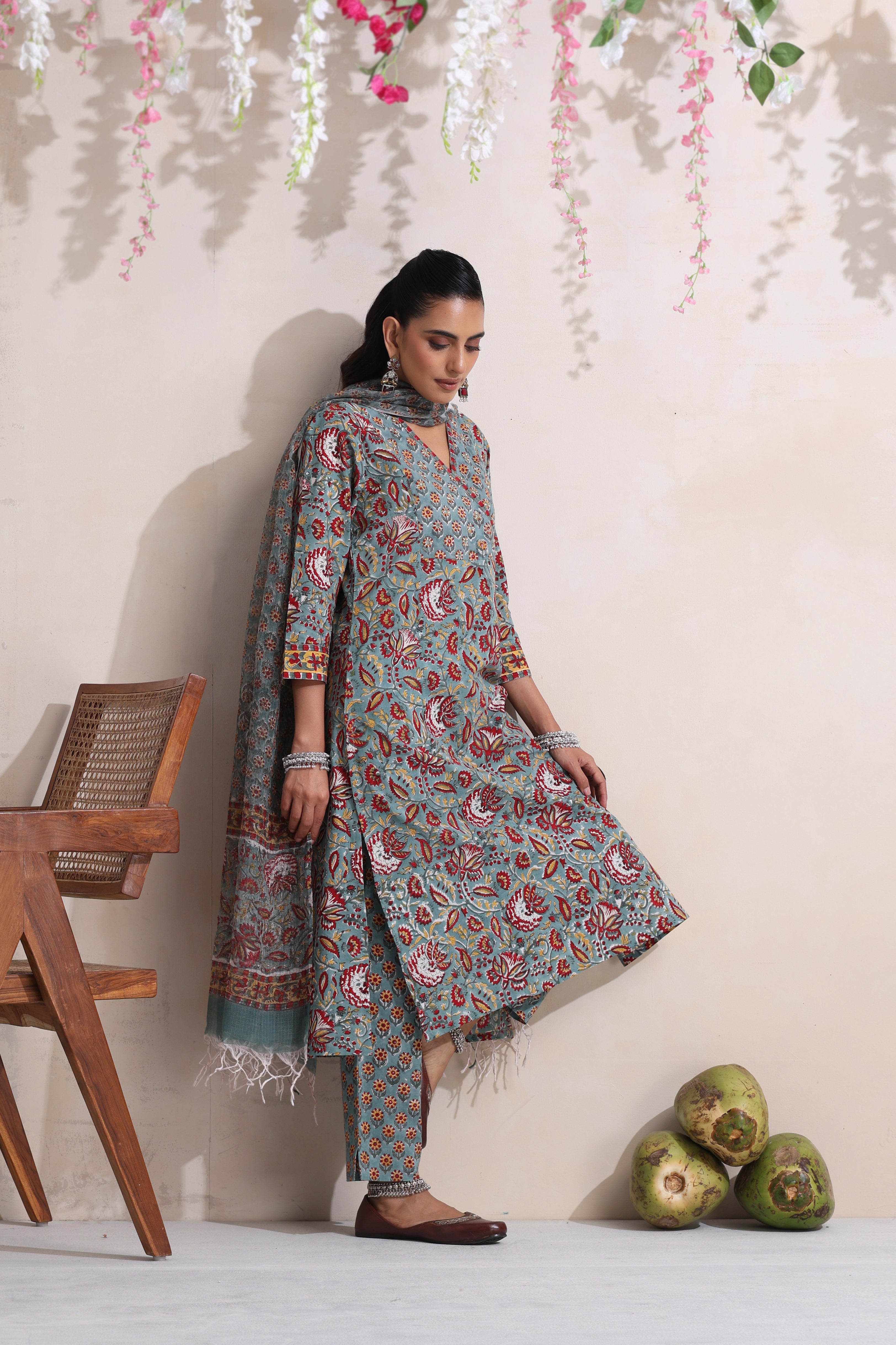 Green Gerrica Embroidered Kurta Set of 3