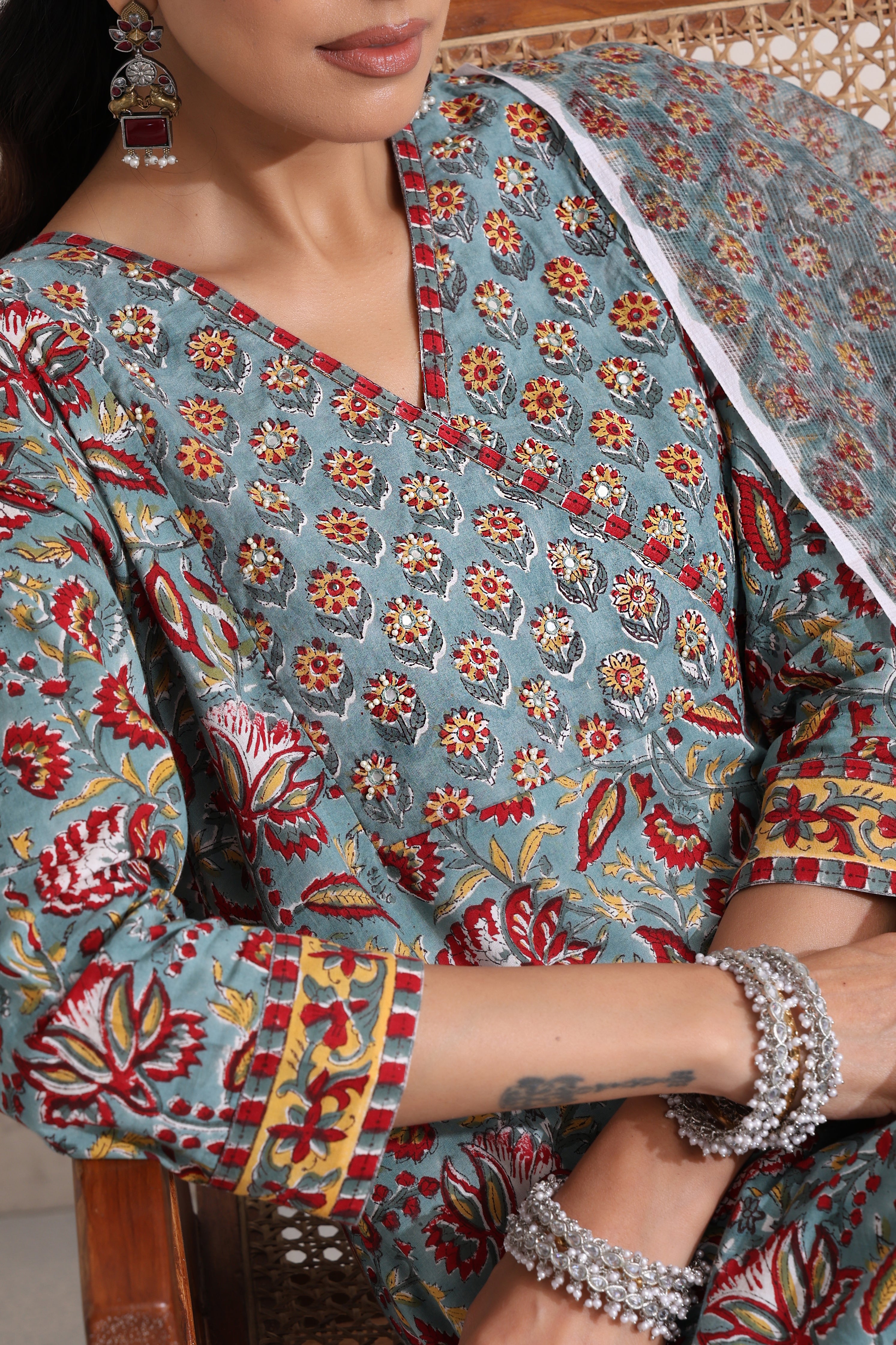 Green Gerrica Embroidered Kurta Set of 3