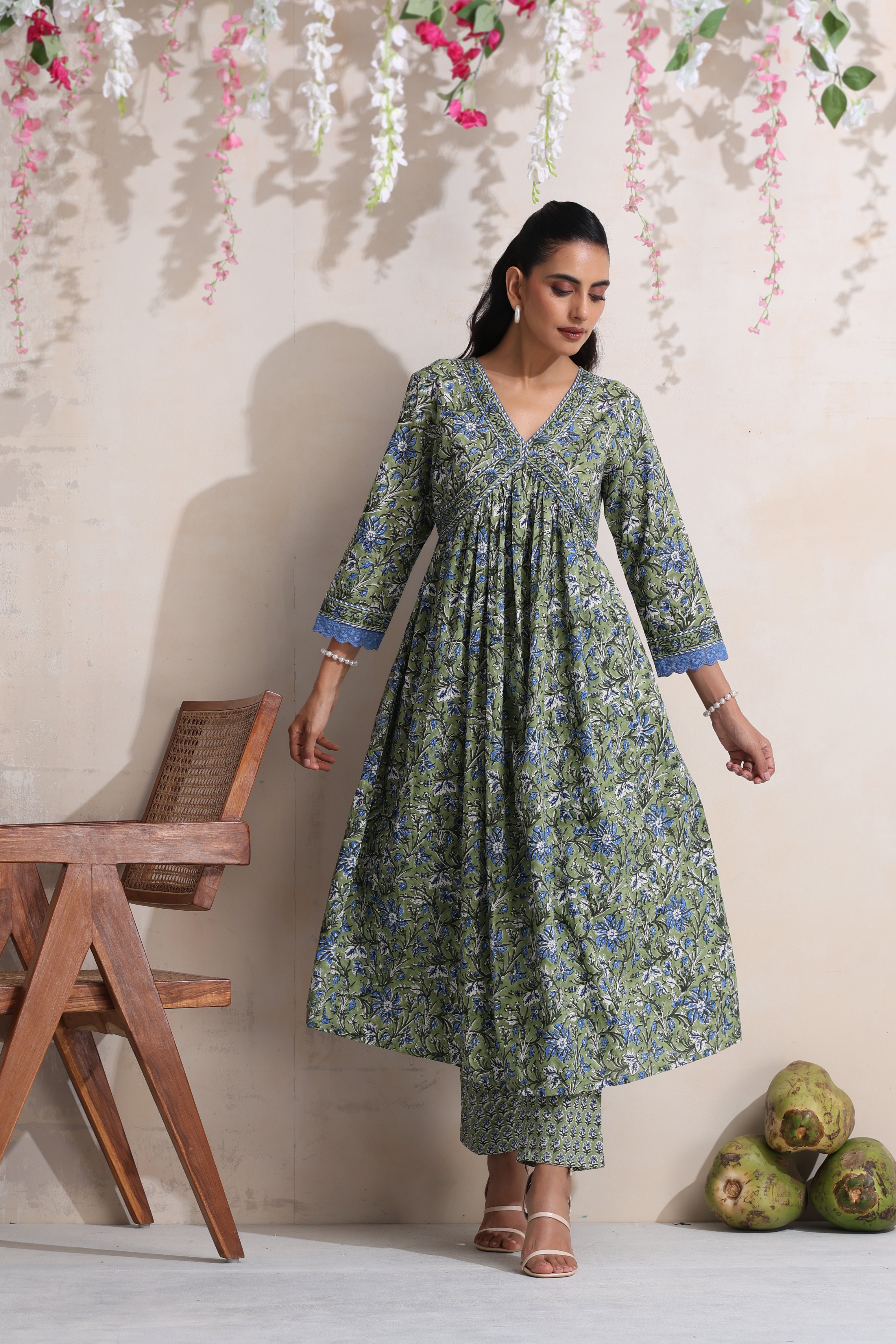 Green Gemma Gathered Kurta Set of 3